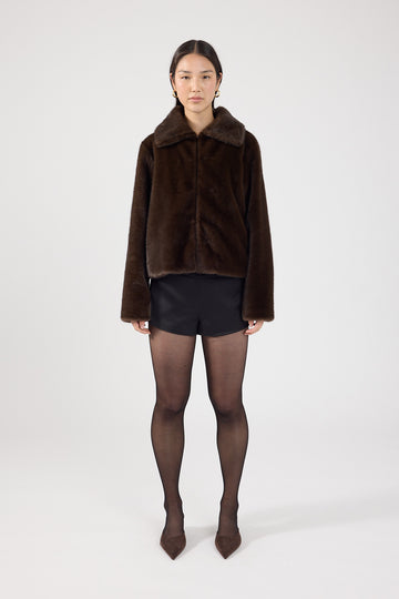Perfect Stranger Riley Cropped Faux Fur Jacket Brown