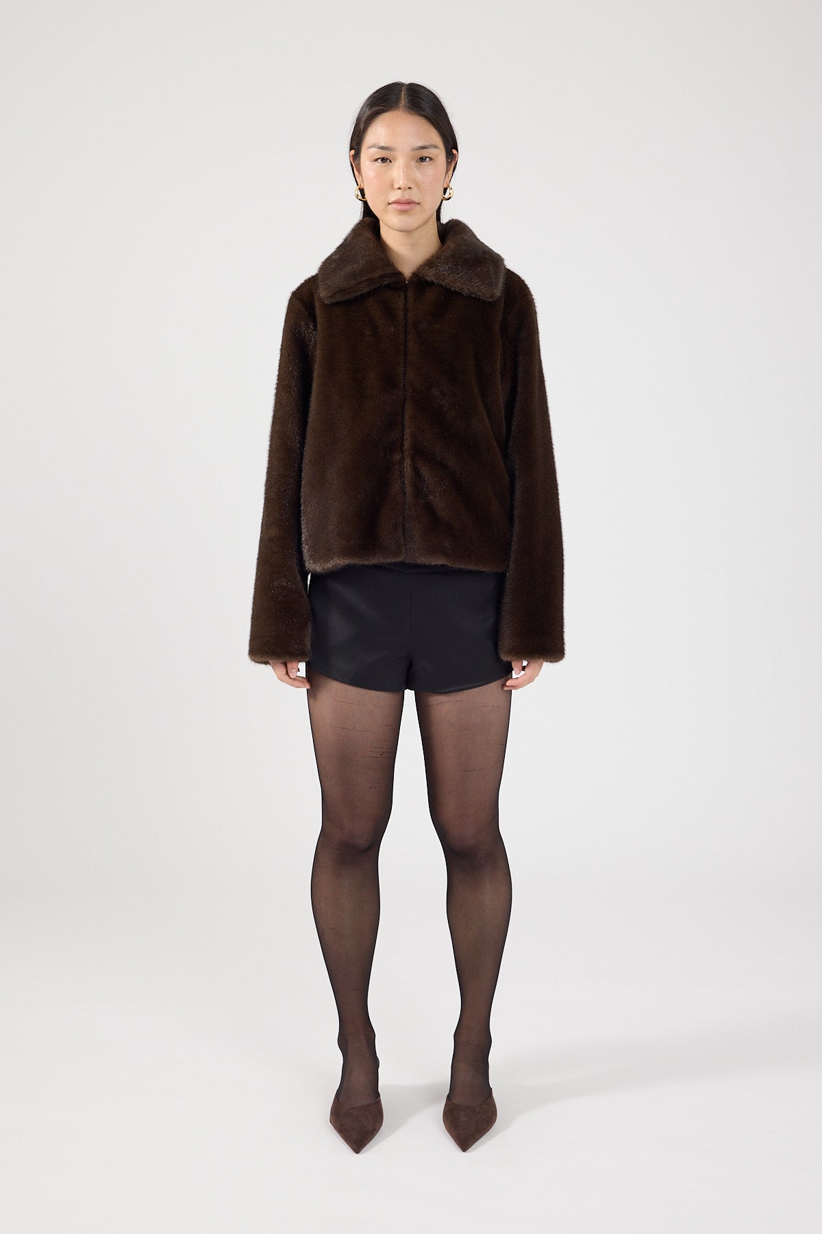 Perfect Stranger Riley Cropped Faux Fur Jacket Brown