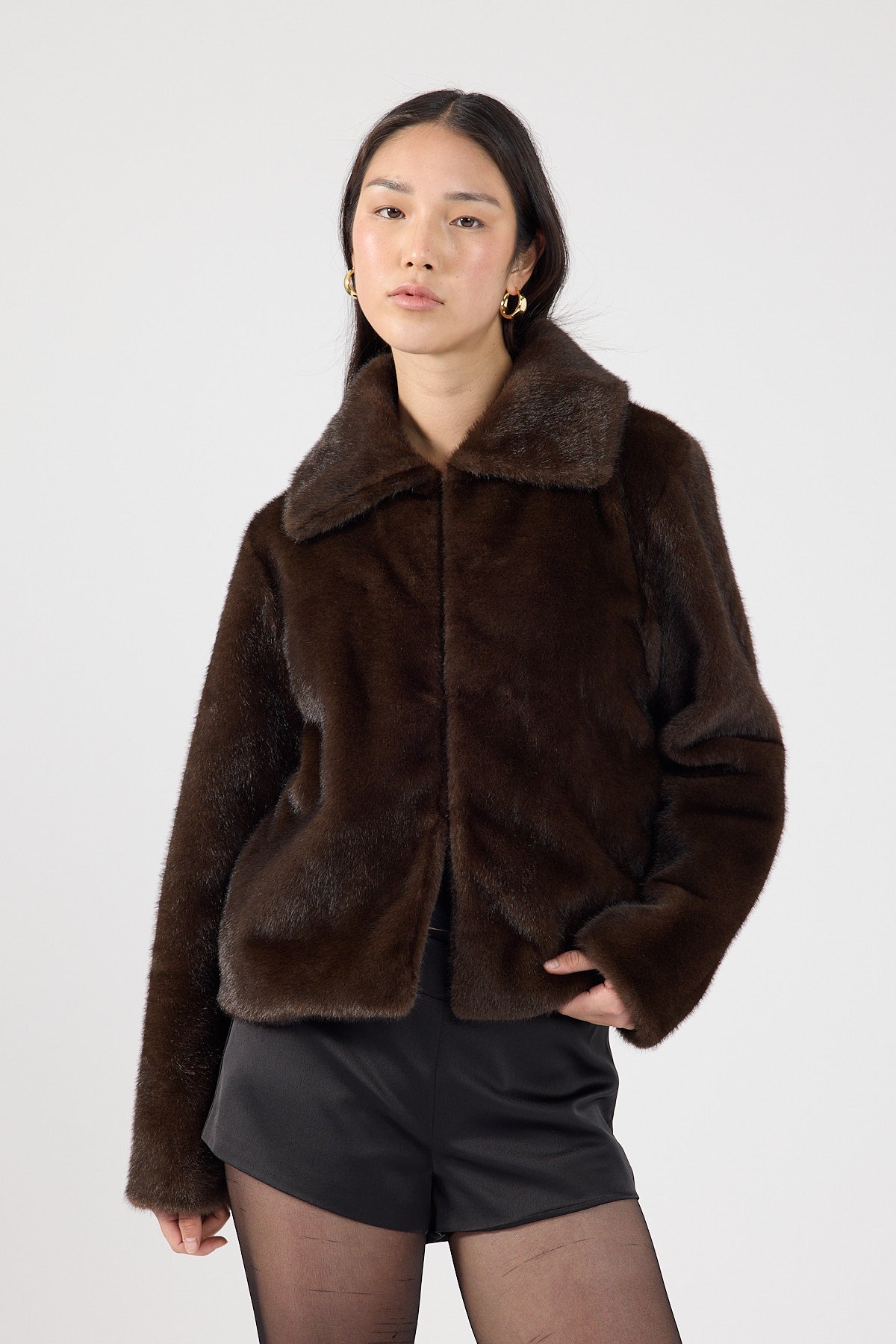 Perfect Stranger Riley Cropped Faux Fur Jacket Brown