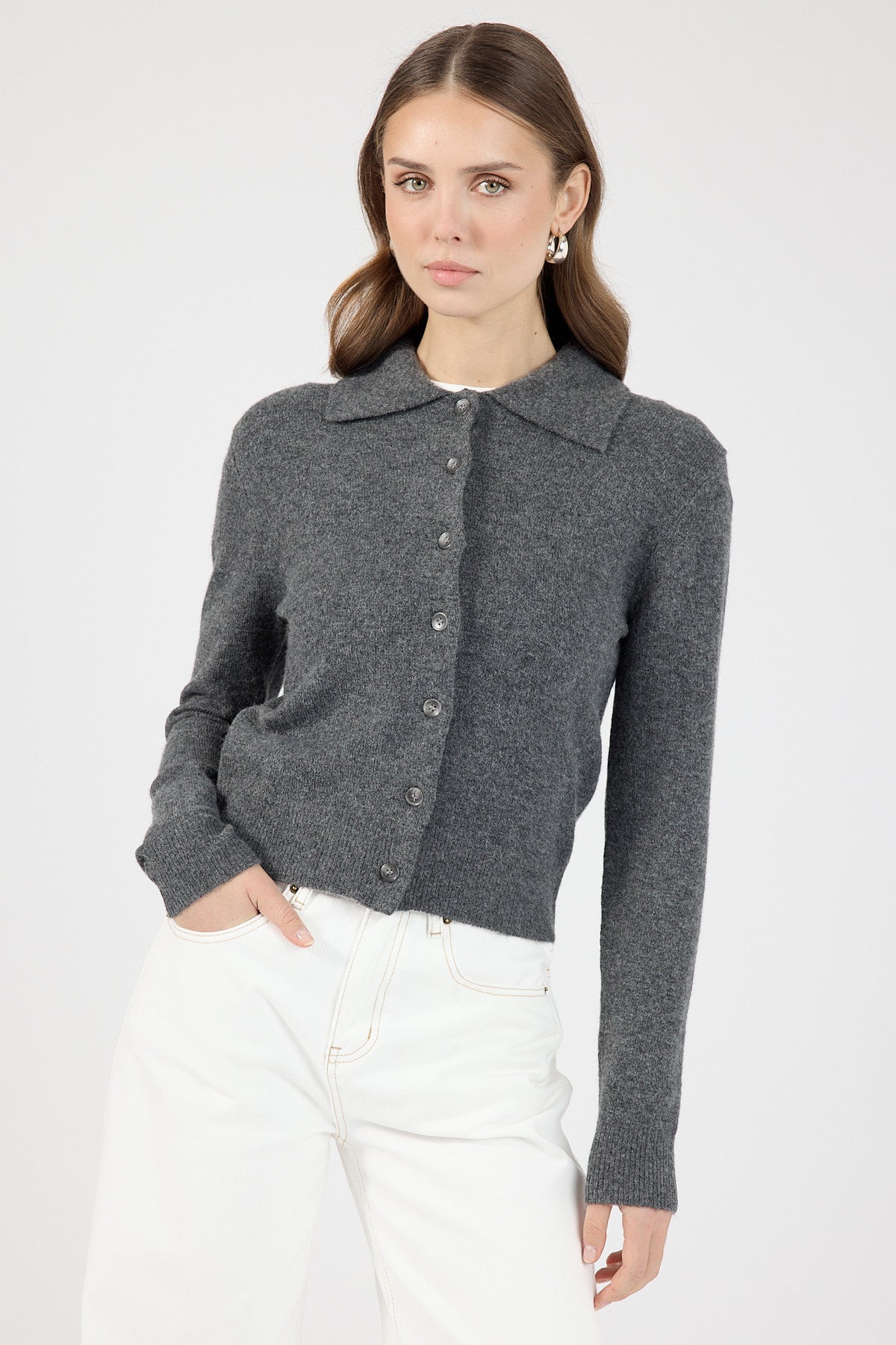 Perfect Stranger Maia Collared Knit Cardigan Charcoal