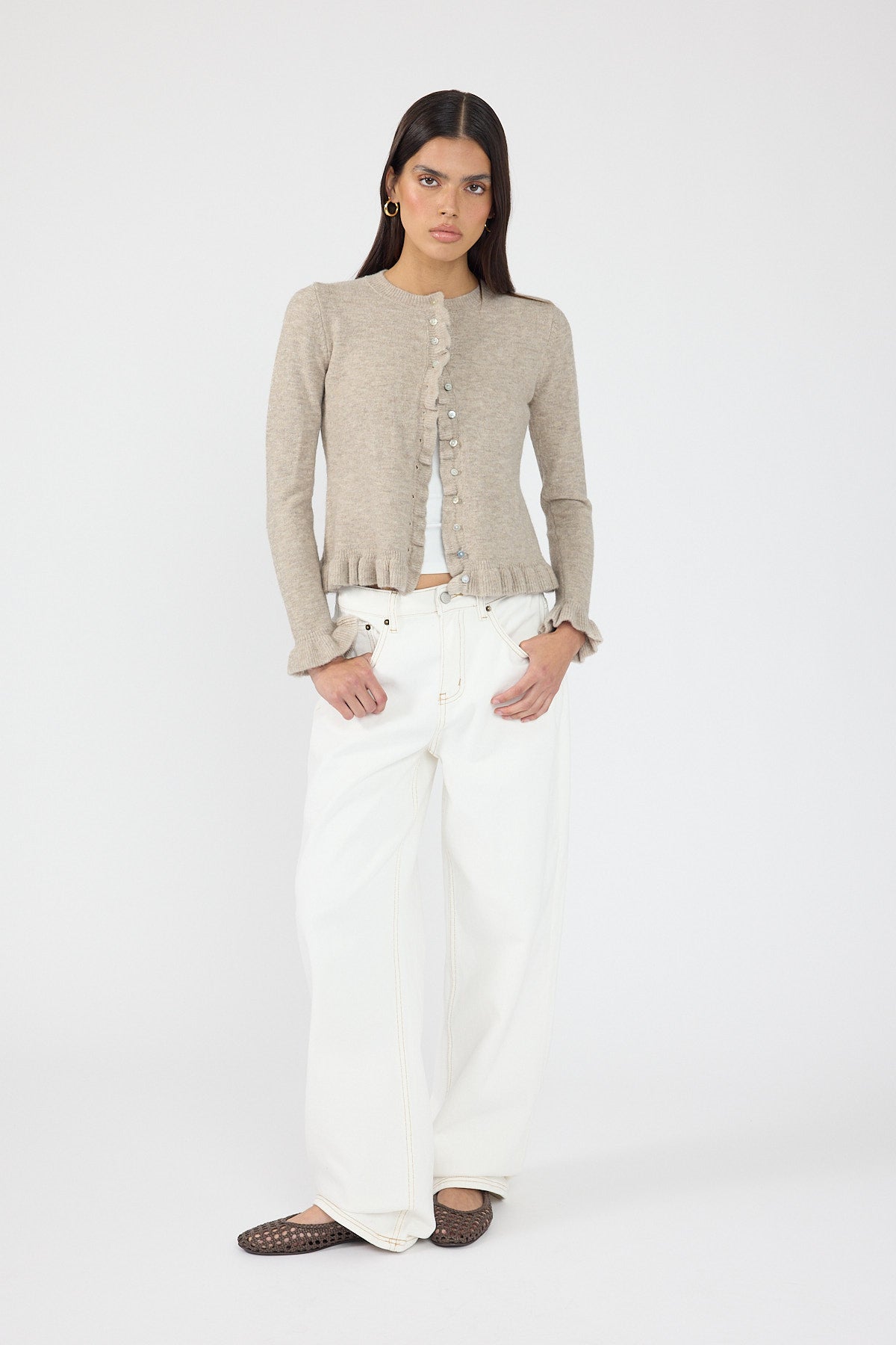 Perfect Stranger Elena Frill Knit Cardigan Taupe