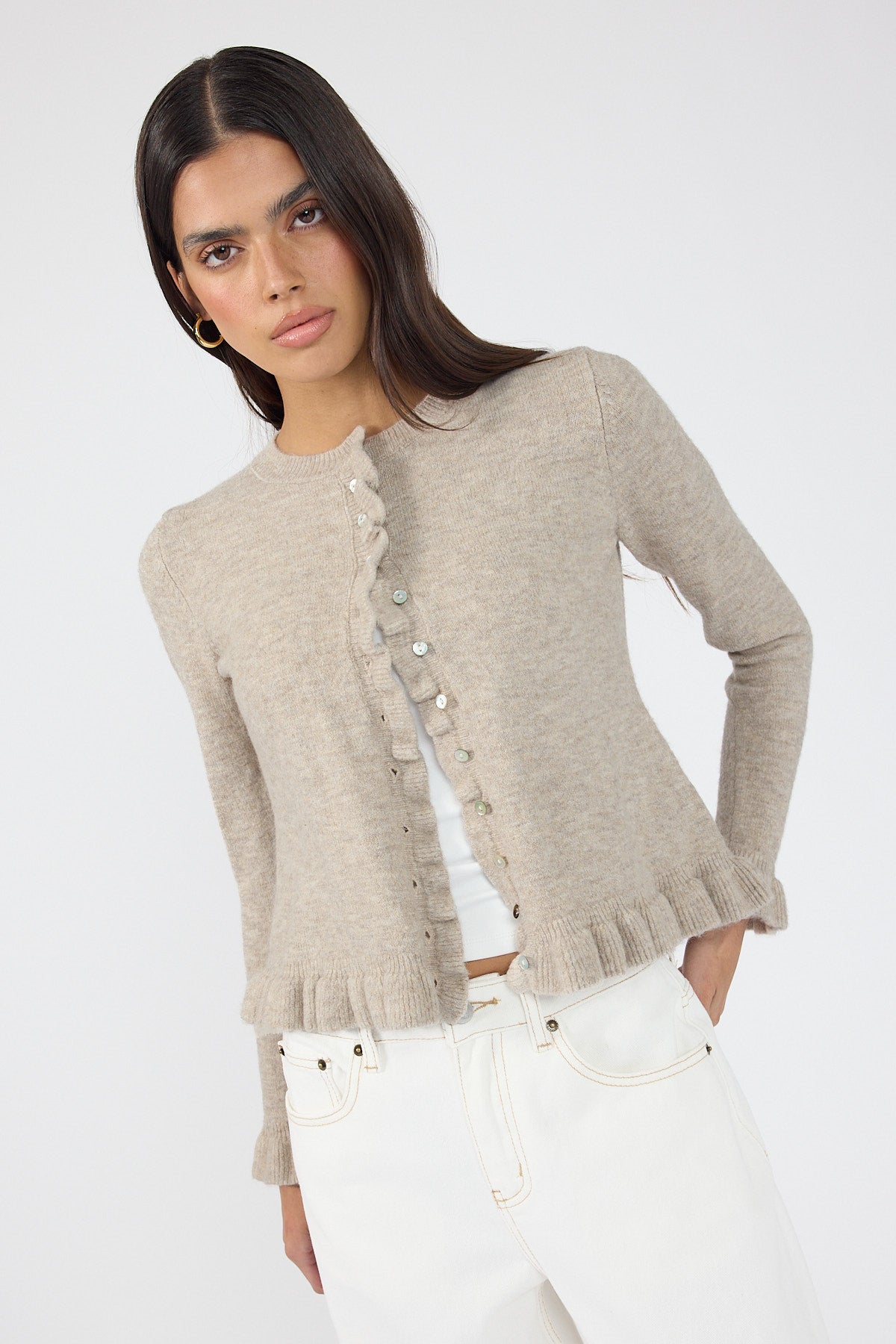 Perfect Stranger Elena Frill Knit Cardigan Taupe