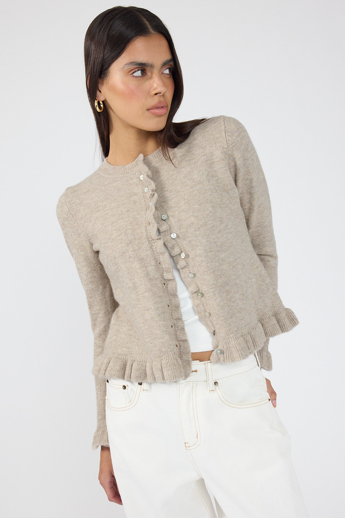 Perfect Stranger Elena Frill Knit Cardigan Taupe