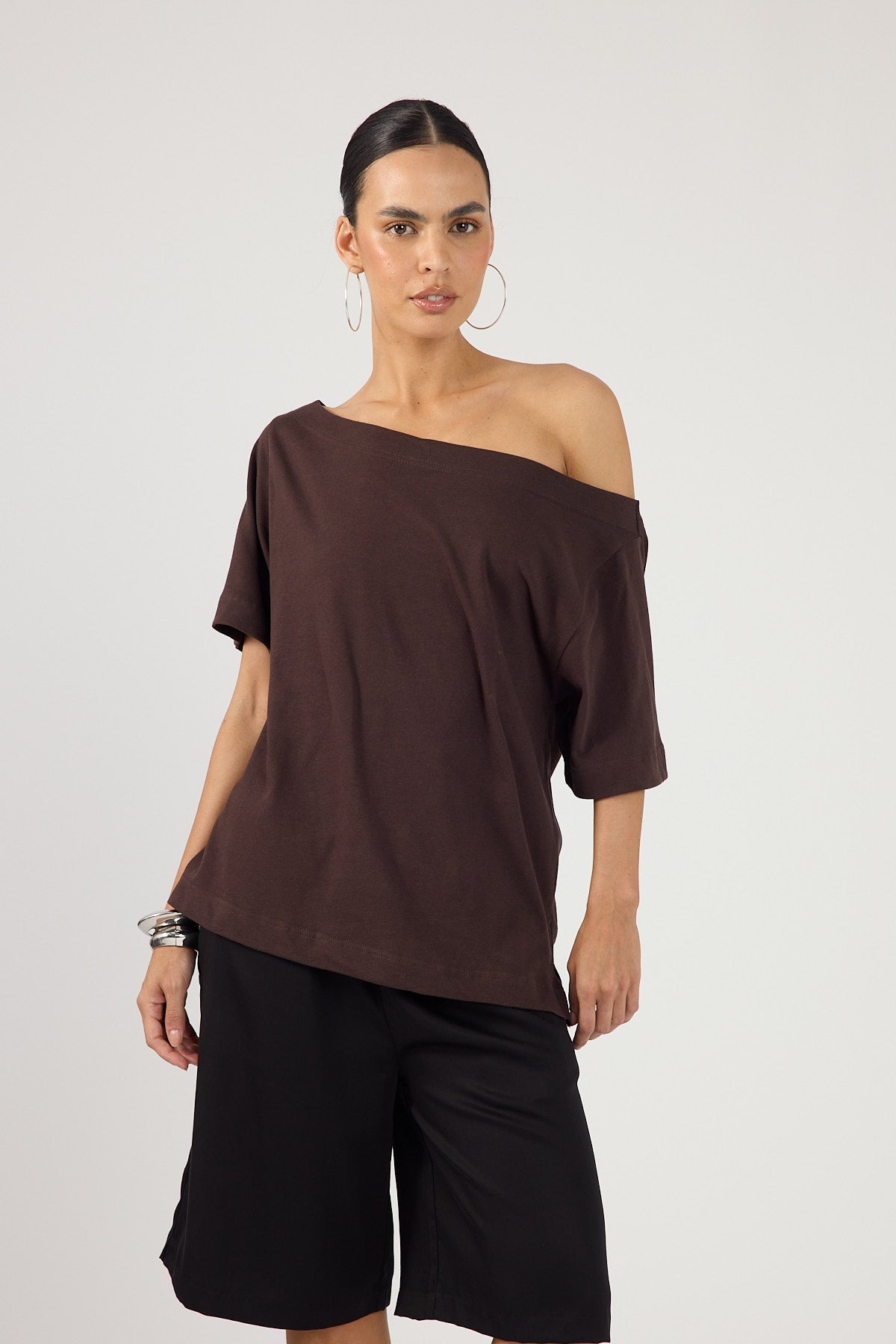 Perfect Stranger Oversized Boat Neck Tee Brown
