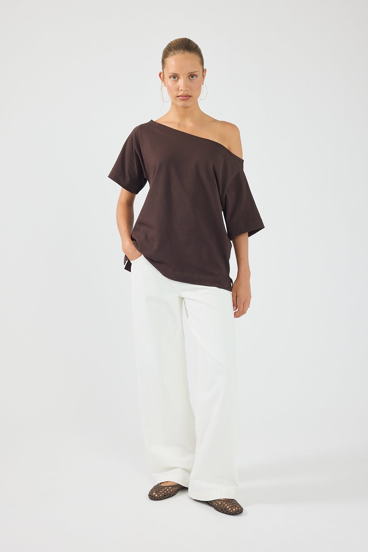 Perfect Stranger Oversized Boat Neck Tee Brown