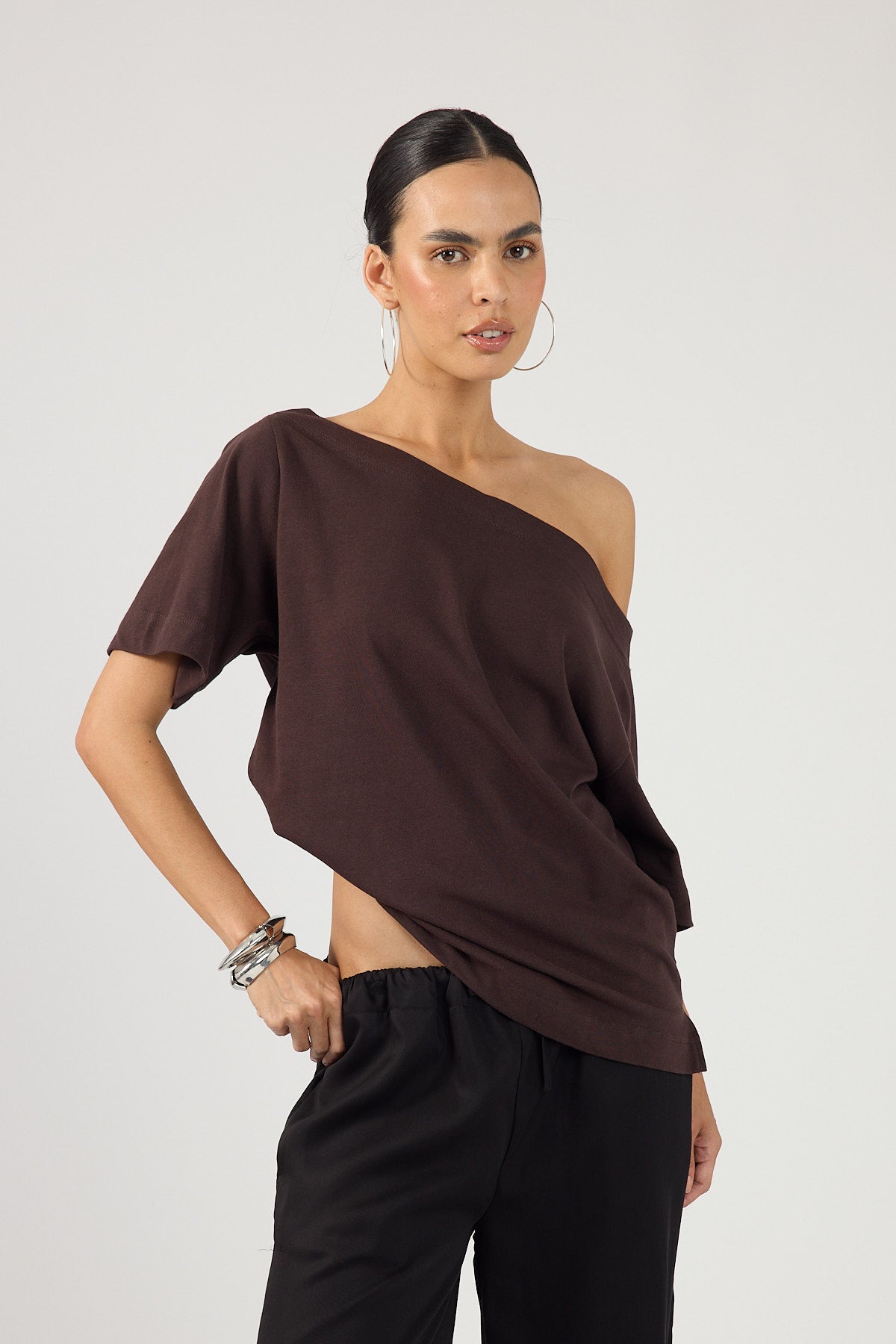 Perfect Stranger Oversized Boat Neck Tee Brown