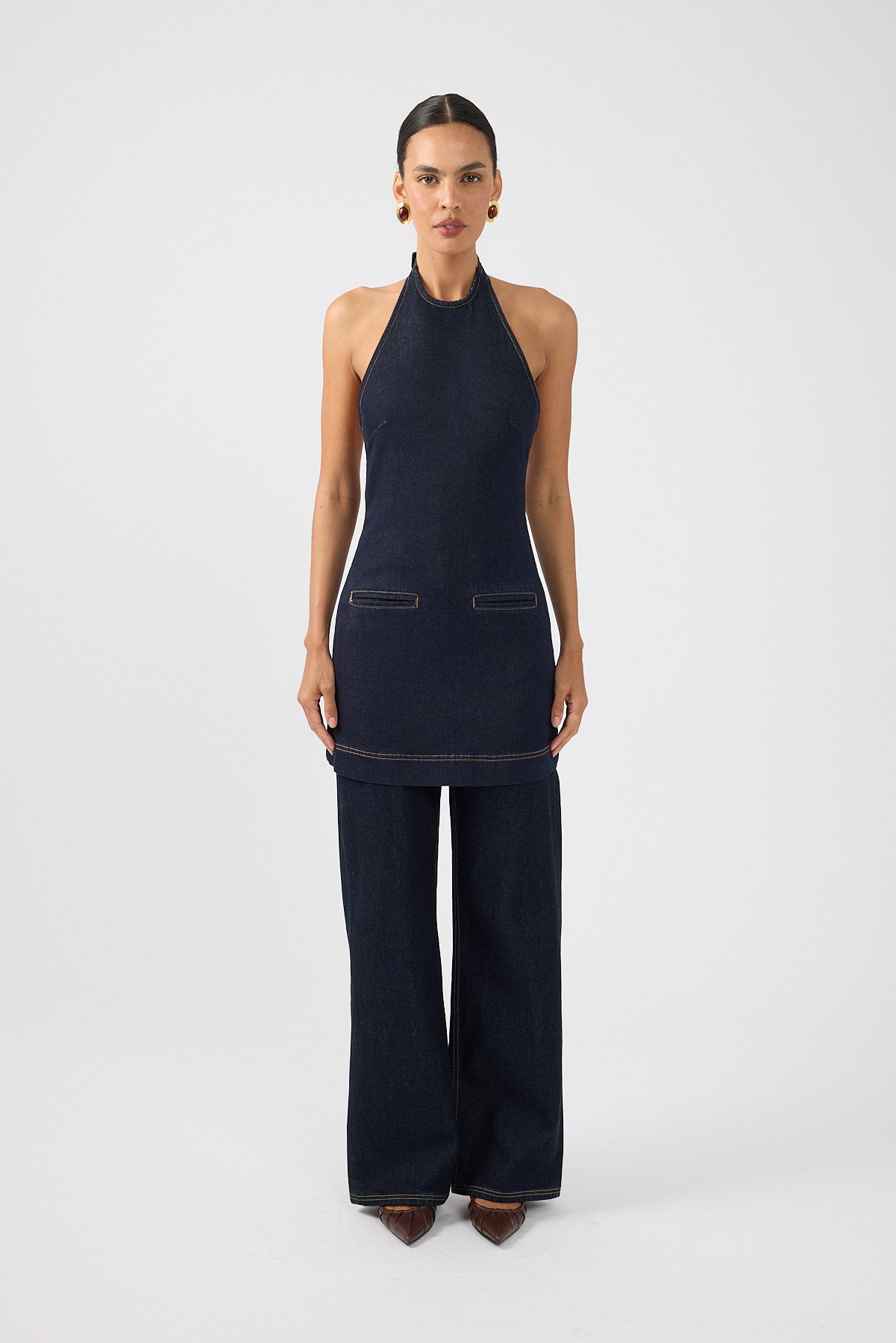 Perfect Stranger Spencer Denim Halter Mini Dress Dark Blue Denim