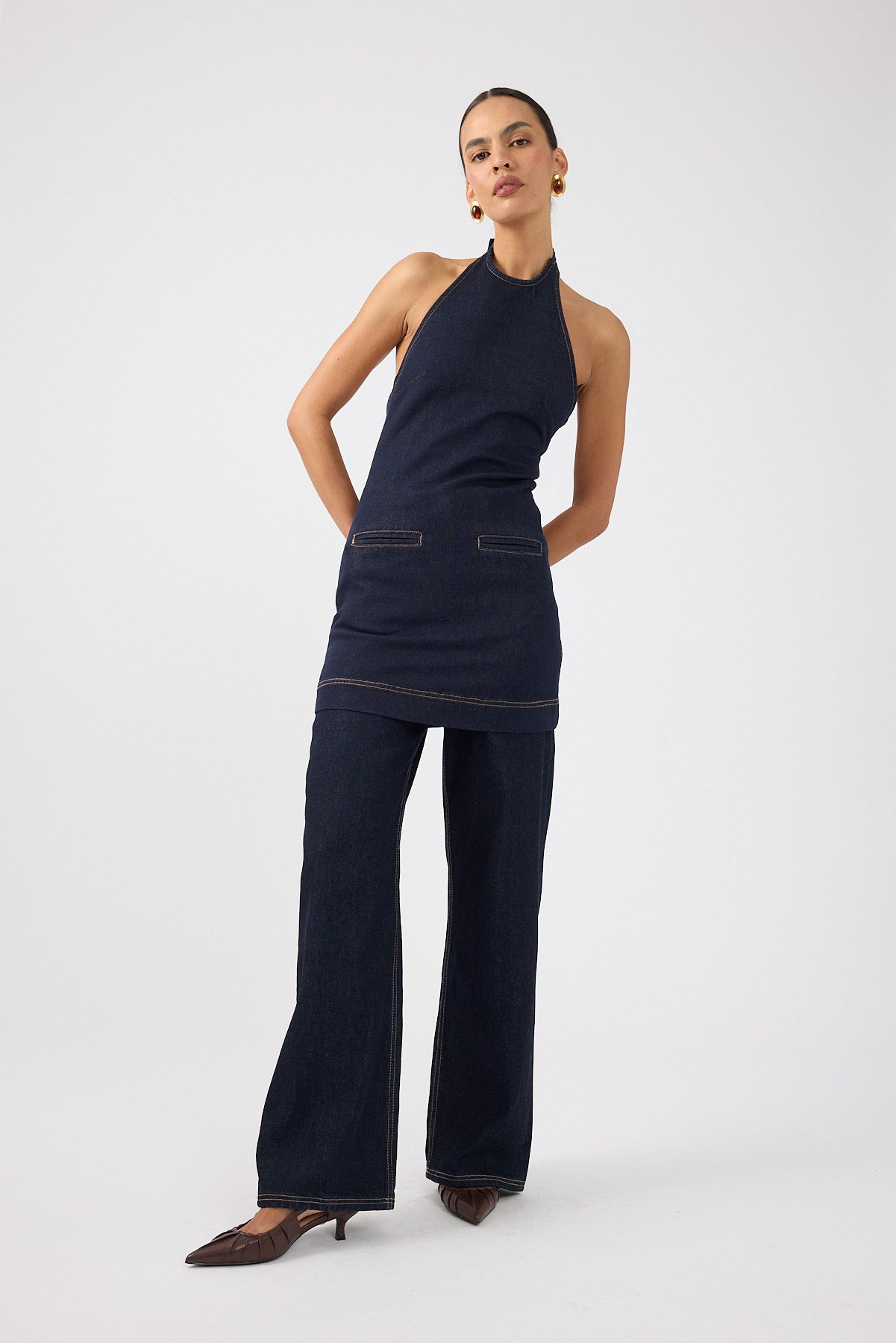 Perfect Stranger Spencer Denim Halter Mini Dress Dark Blue Denim