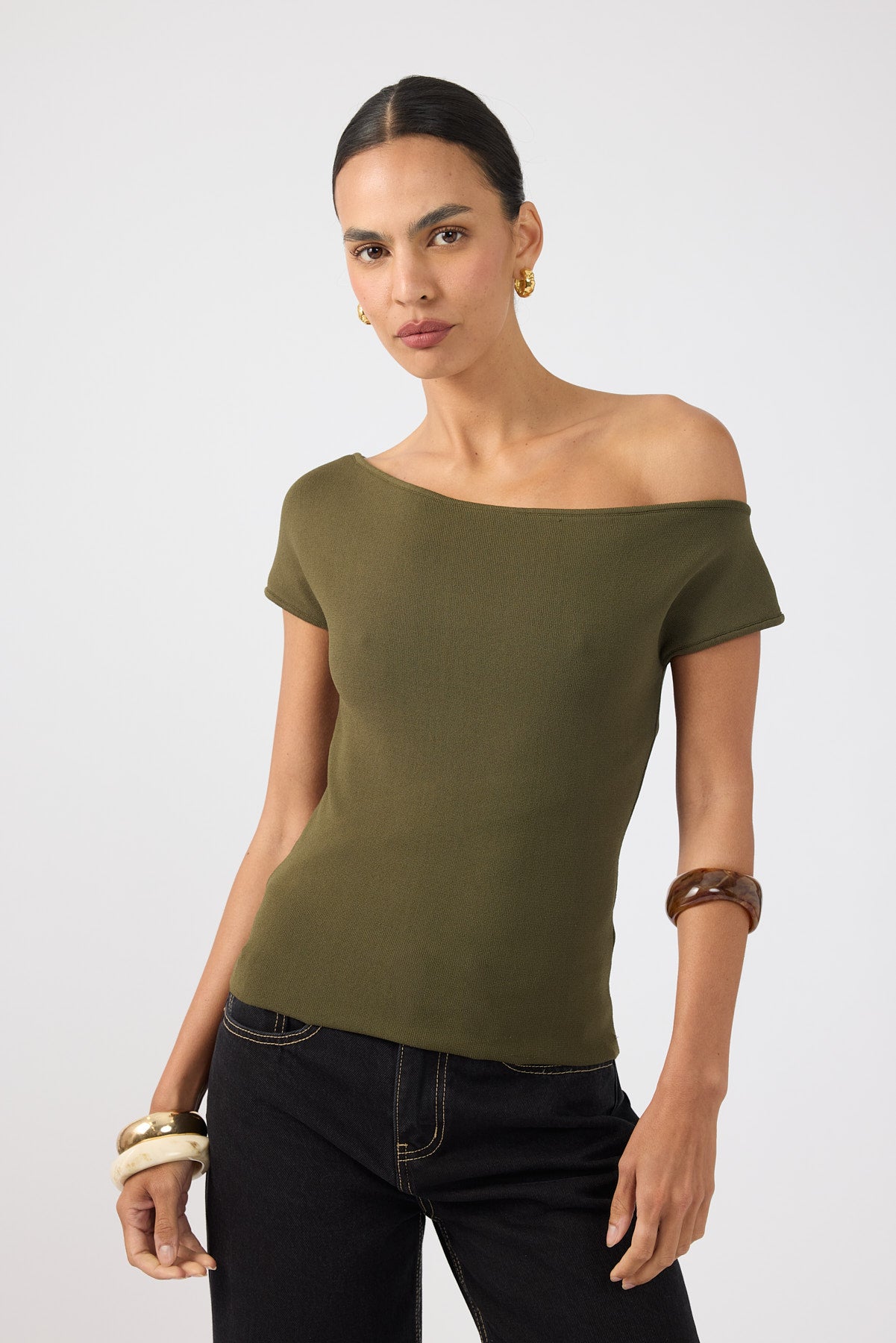 Perfect Stranger Claude One Shoulder Knit Top Khaki