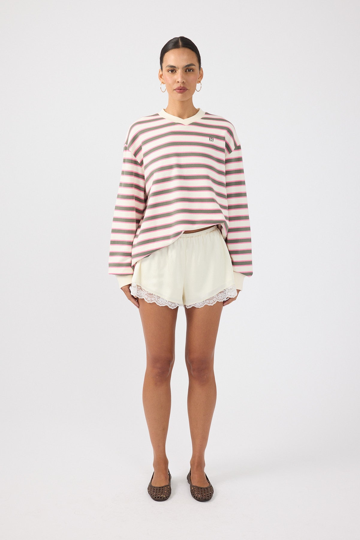 Perfect Stranger Francis Stripe V-Neck Rugby Pink/ Khaki Stripe