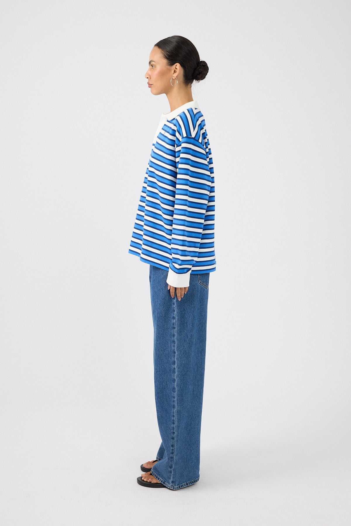 Perfect Stranger Leon Stripe Rugby Fleece Top Blue Stripe
