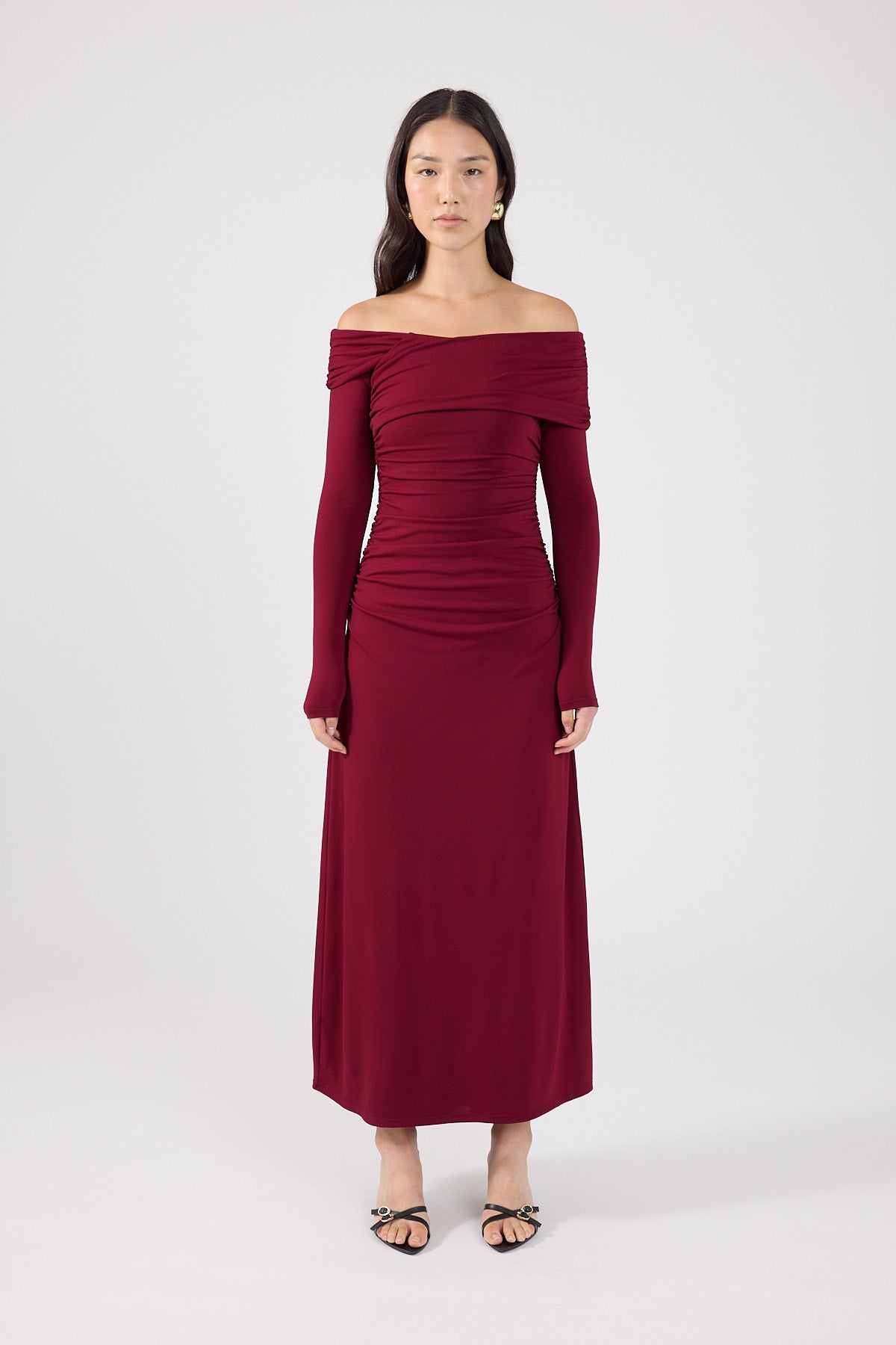 Perfect Stranger Romina Off Shoulder Maxi Dress Burgundy
