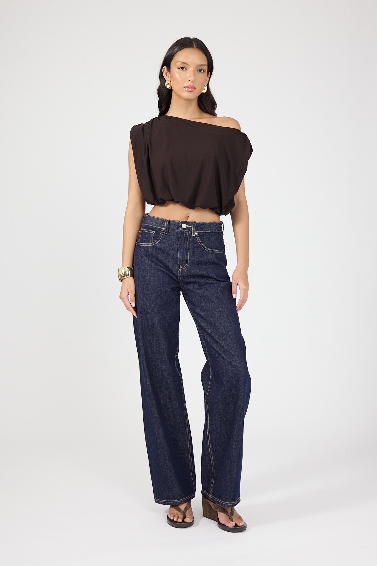 Perfect Stranger Ariana Off Shoulder Pleated Top Brown