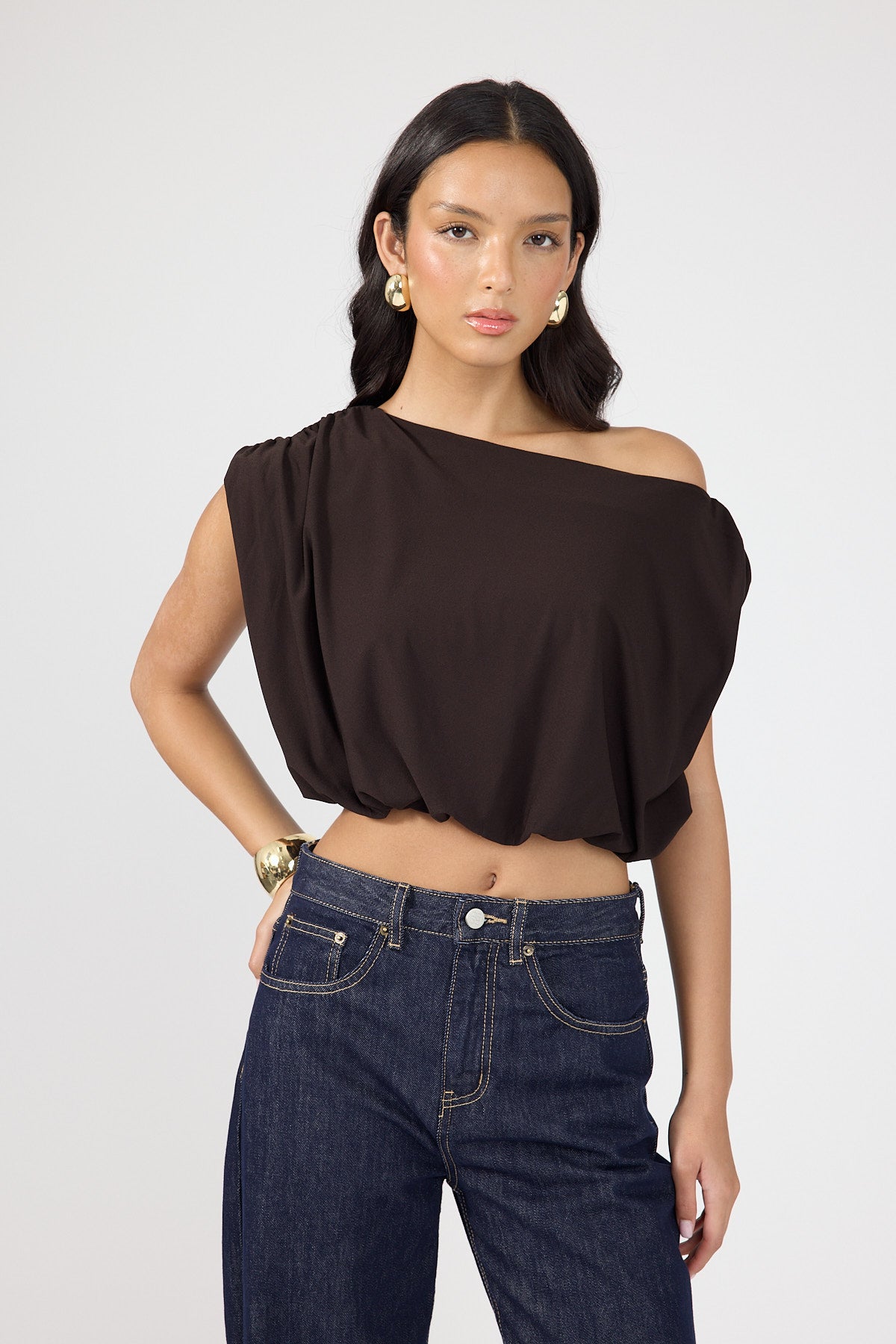 Perfect Stranger Ariana Off Shoulder Pleated Top Brown