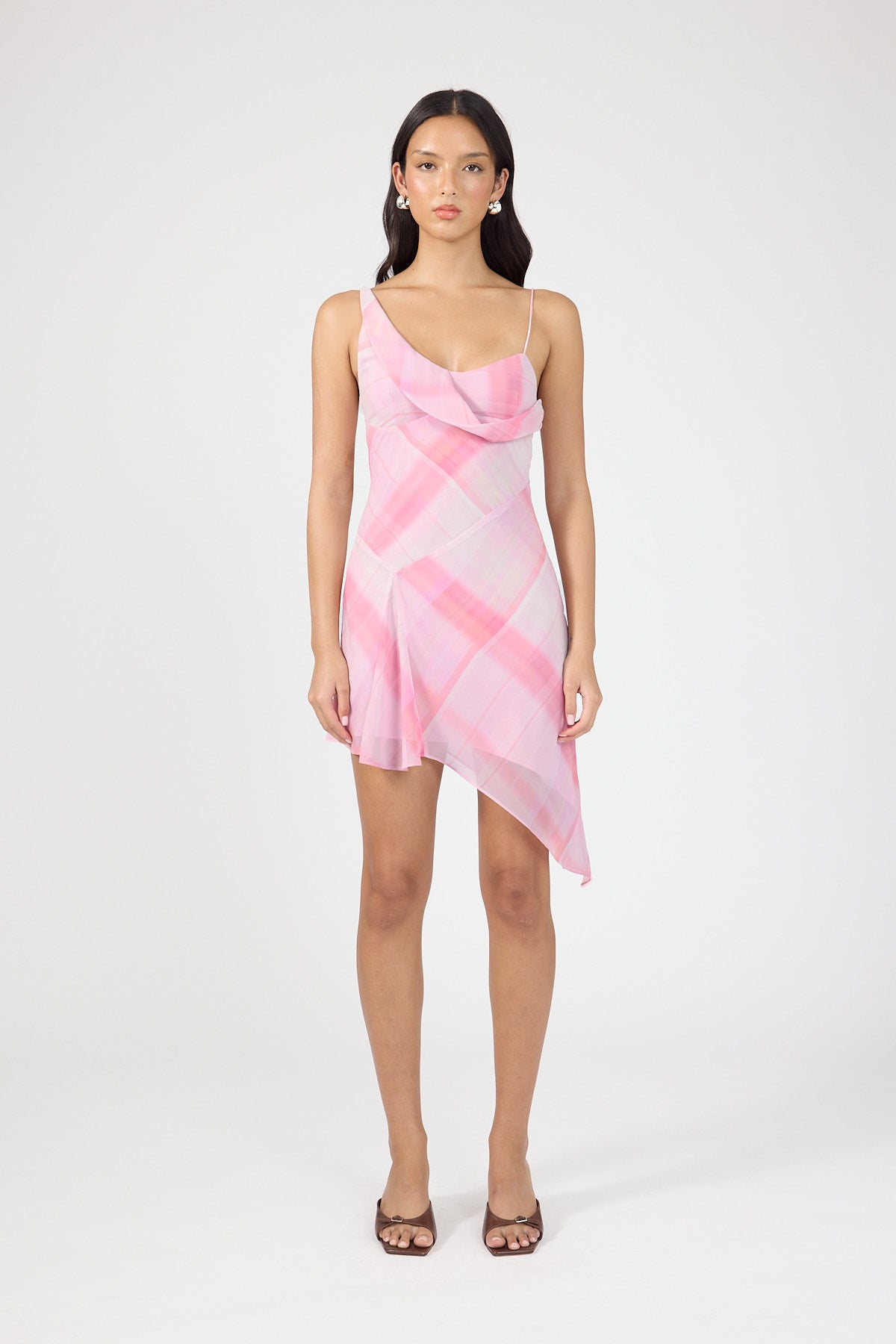 Perfect Stranger Juliet Asymmetrical Mini Dress Pink Check