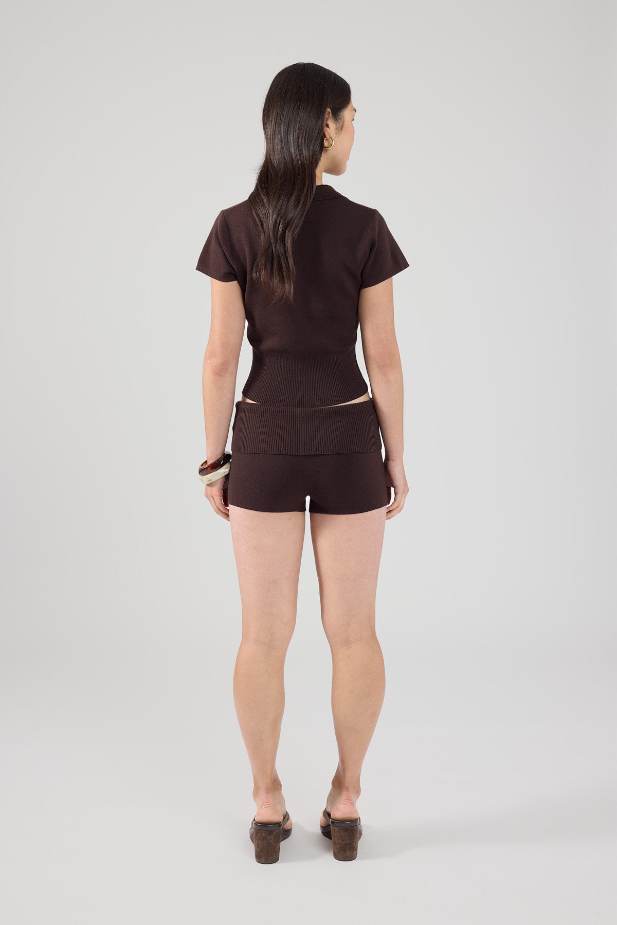 Perfect Stranger Tucker Knit Mini Shorts Brown