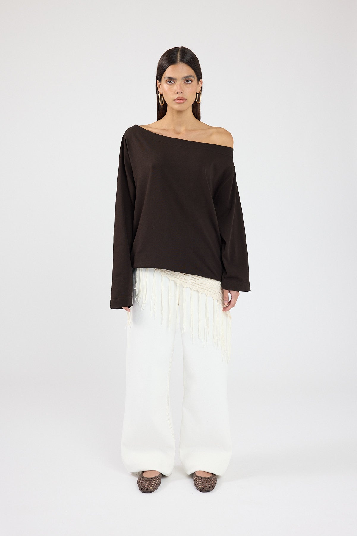 Perfect Stranger Oversized Boat Neck Long Sleeve T-shirt Brown