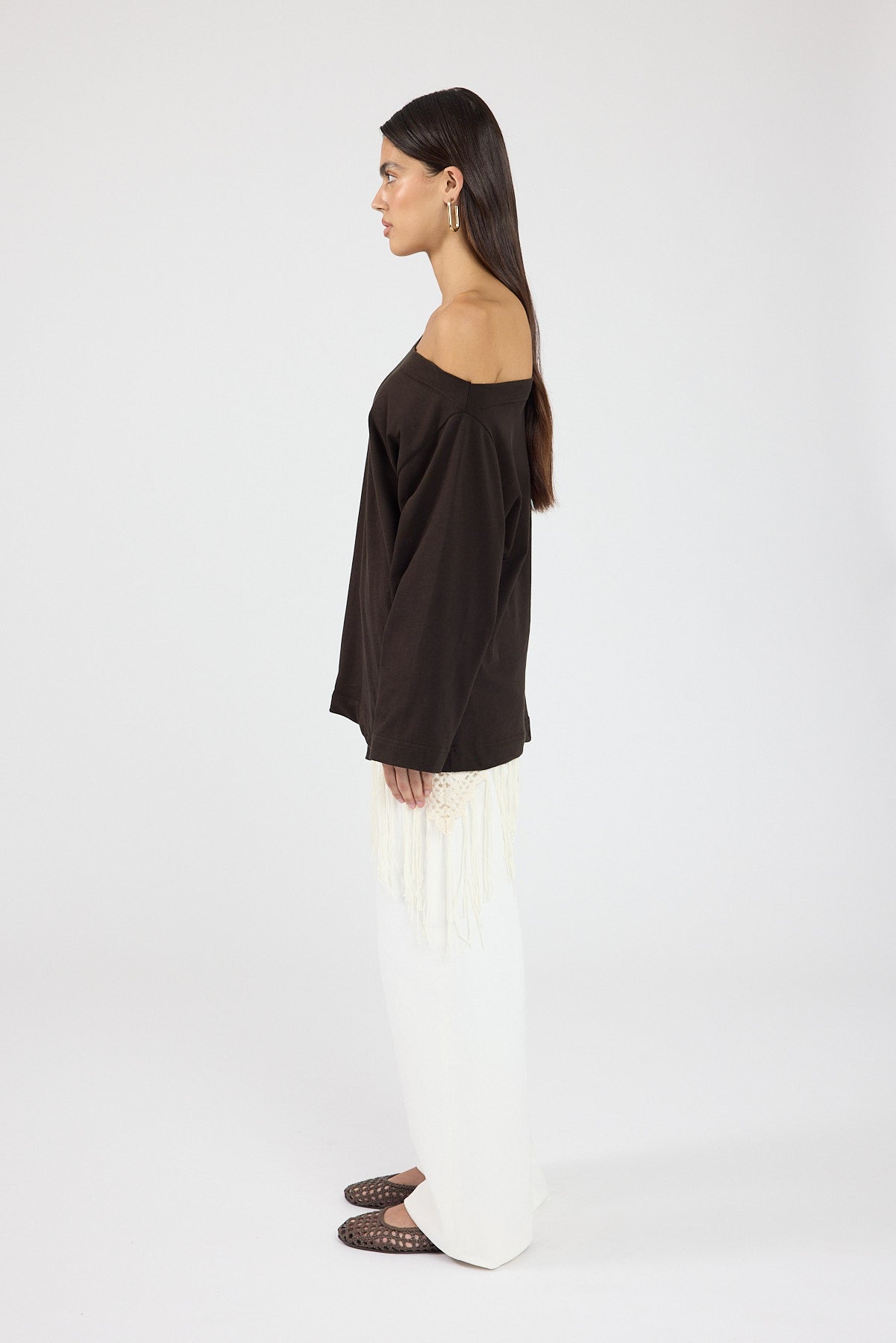 Perfect Stranger Oversized Boat Neck Long Sleeve T-shirt Brown