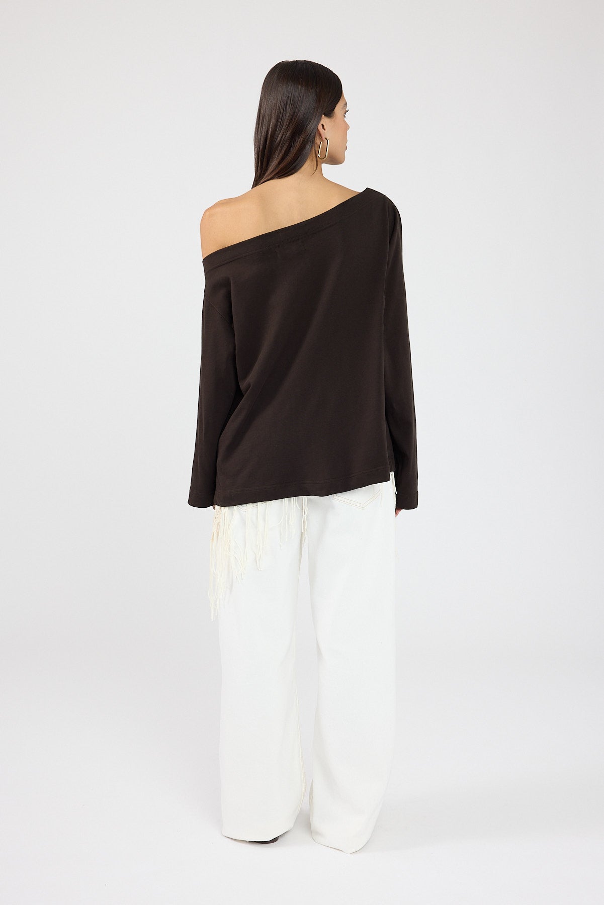 Perfect Stranger Oversized Boat Neck Long Sleeve T-shirt Brown