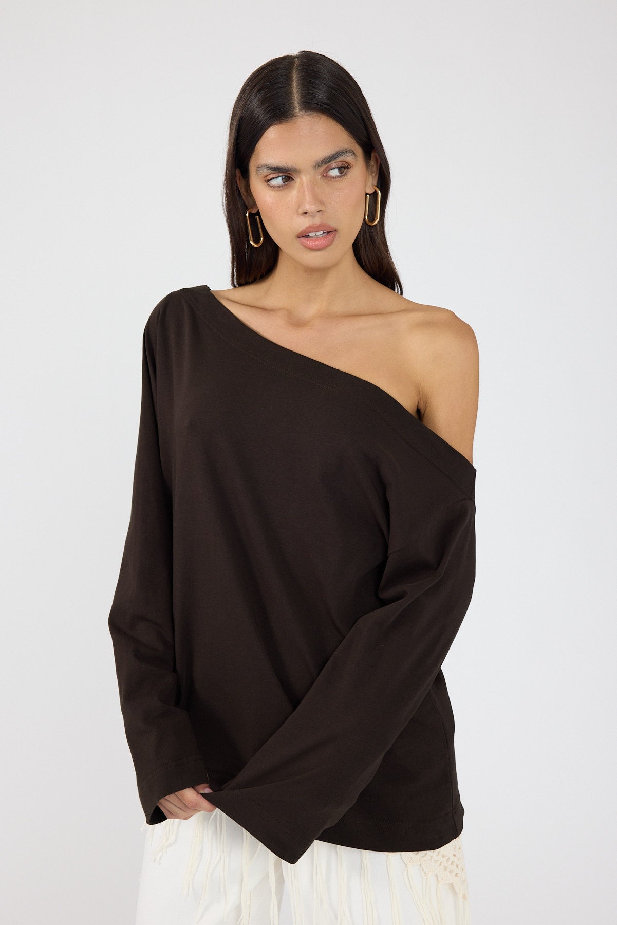 Perfect Stranger Oversized Boat Neck Long Sleeve T-shirt Brown