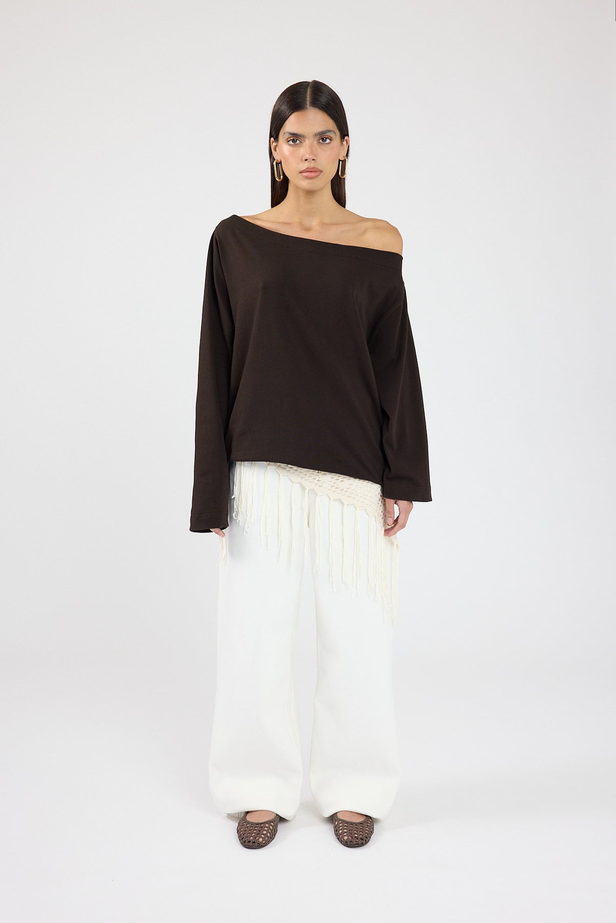 Perfect Stranger Oversized Boat Neck Long Sleeve T-shirt Brown