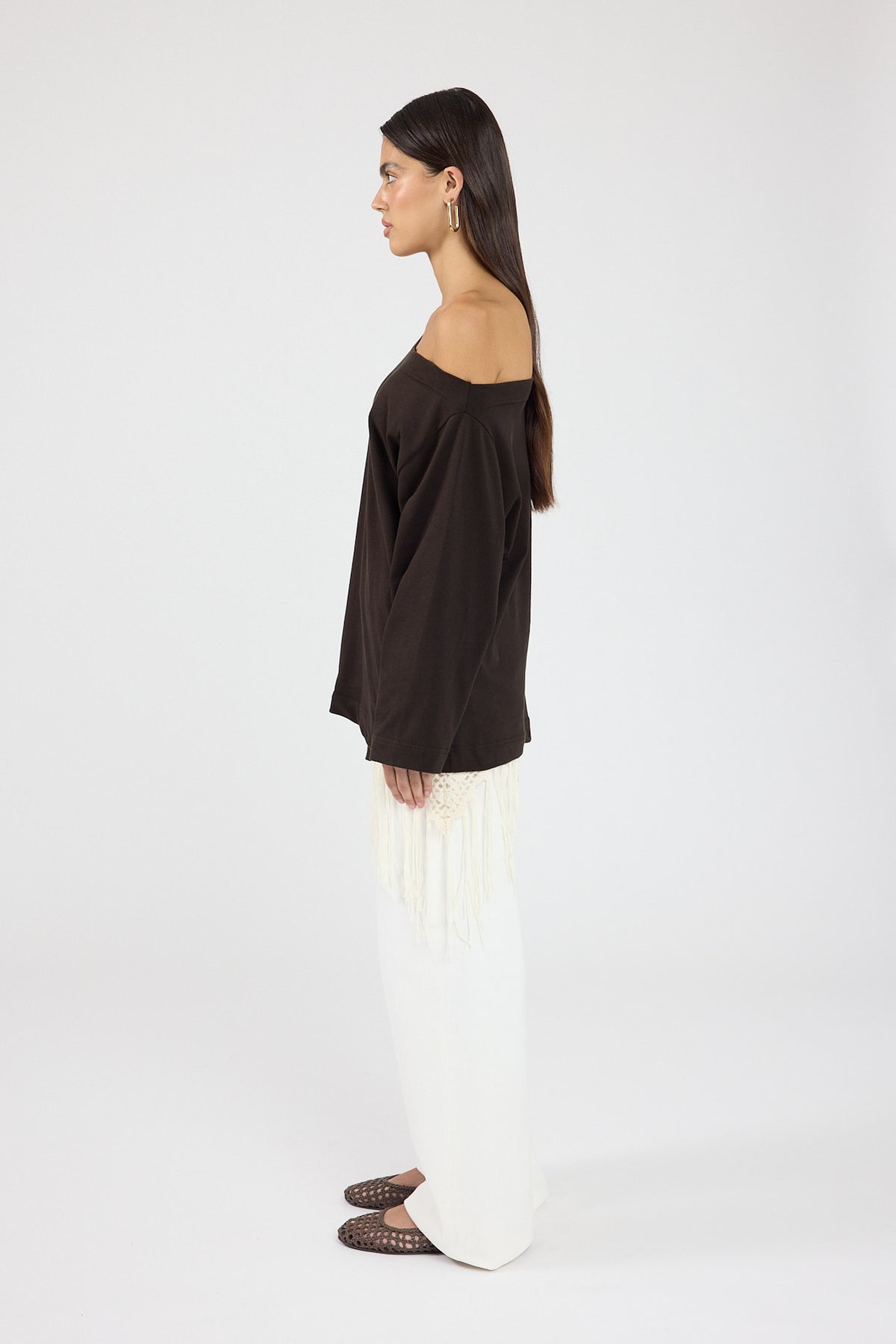 Perfect Stranger Oversized Boat Neck Long Sleeve T-shirt Brown