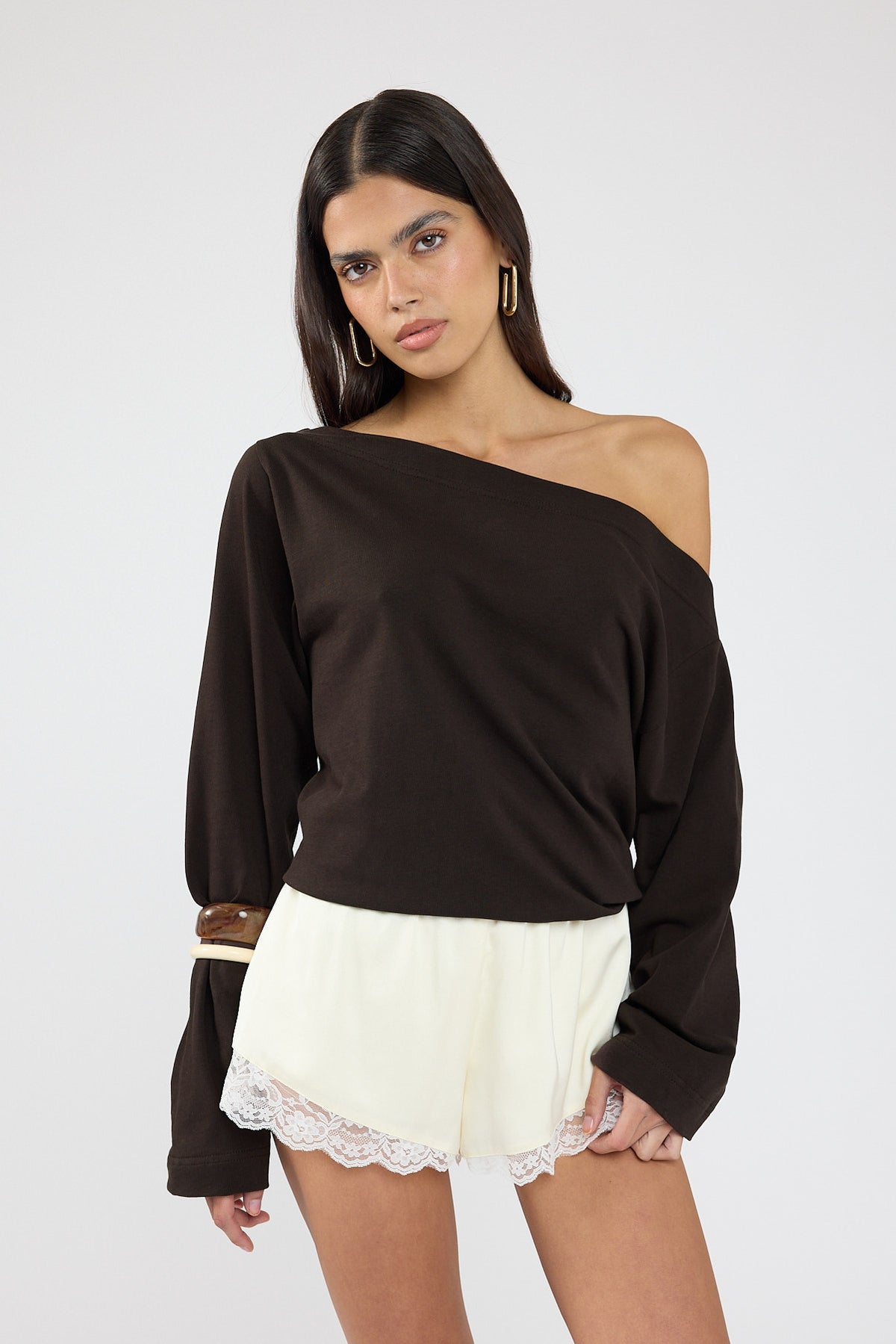 Perfect Stranger Oversized Boat Neck Long Sleeve T-shirt Brown