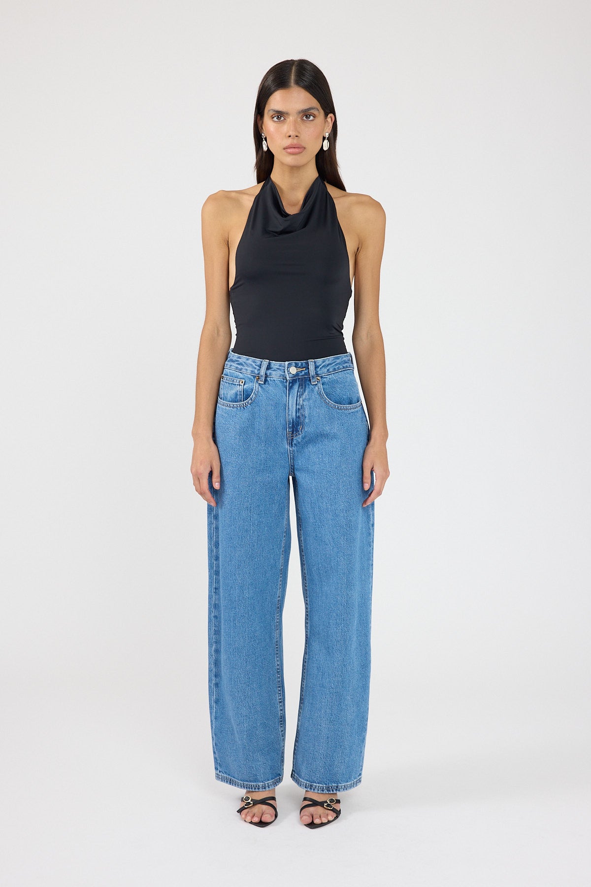 Perfect Stranger Petite Mid Rise Baggy Jean Mid Blue Denim