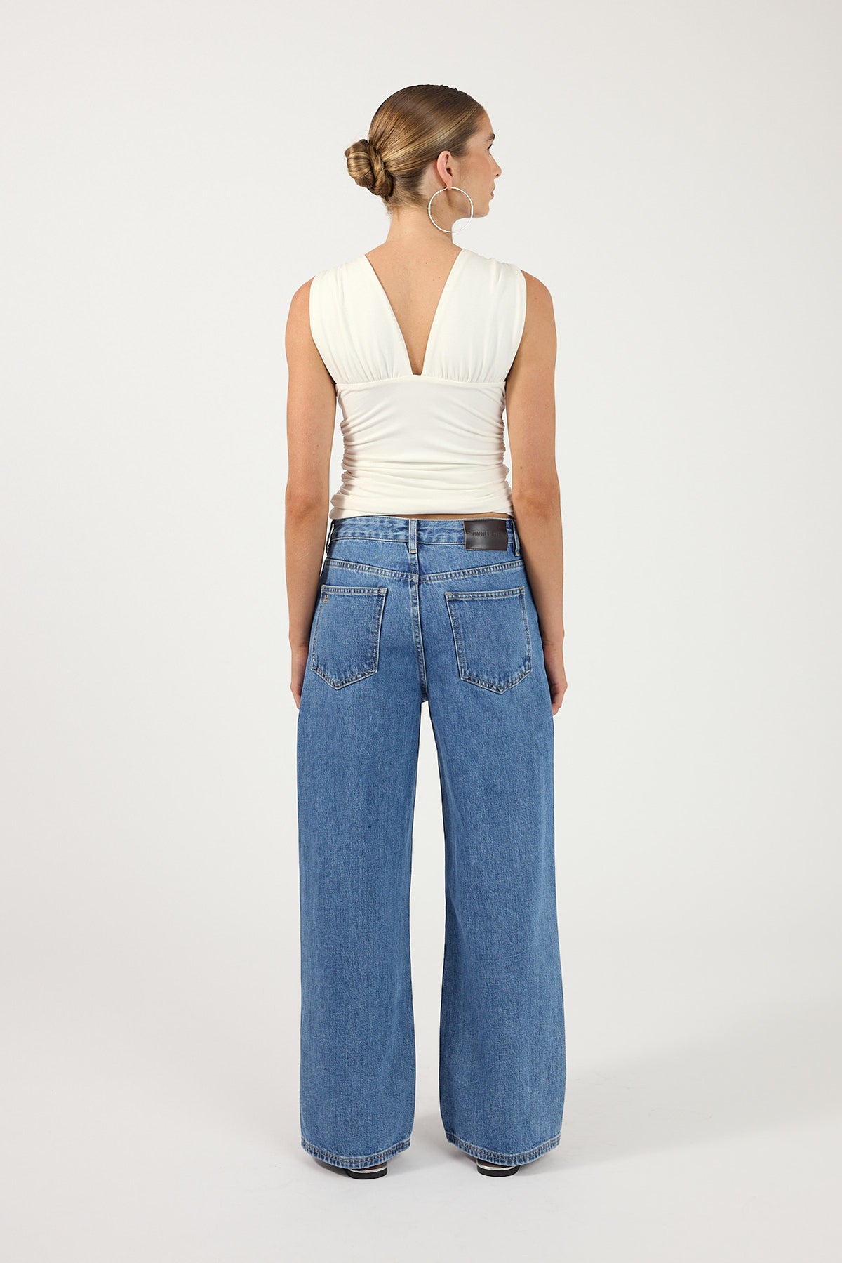 Perfect Stranger Petite Mid Rise Baggy Jean Mid Blue Denim