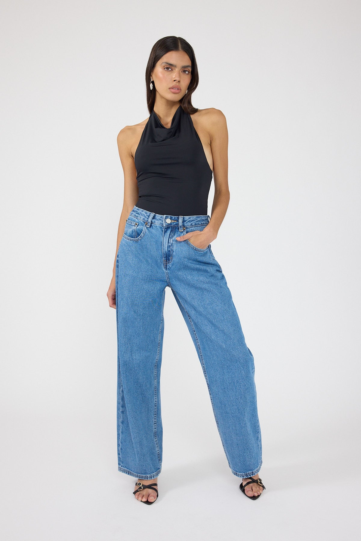 Perfect Stranger Petite Mid Rise Baggy Jean Mid Blue Denim