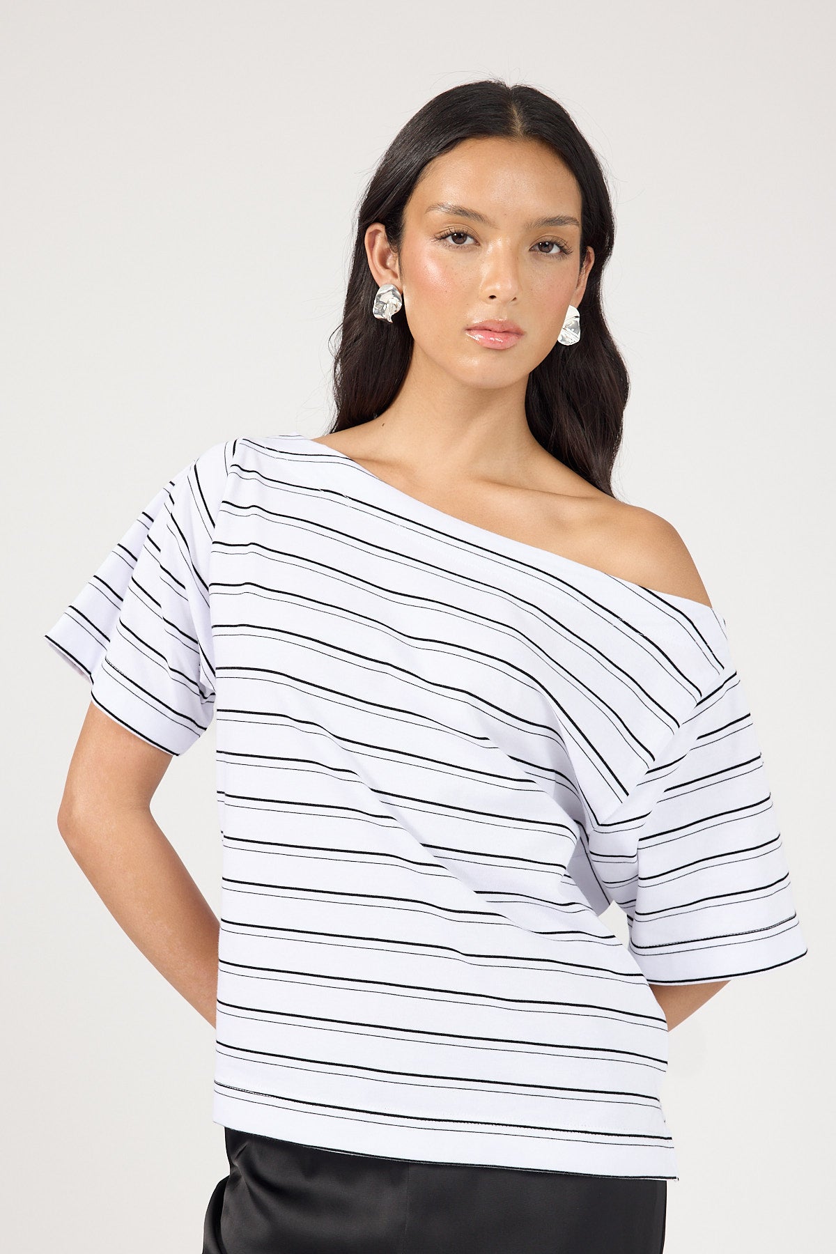 Perfect Stranger Oversized Boat Neck Tee Black Stripe