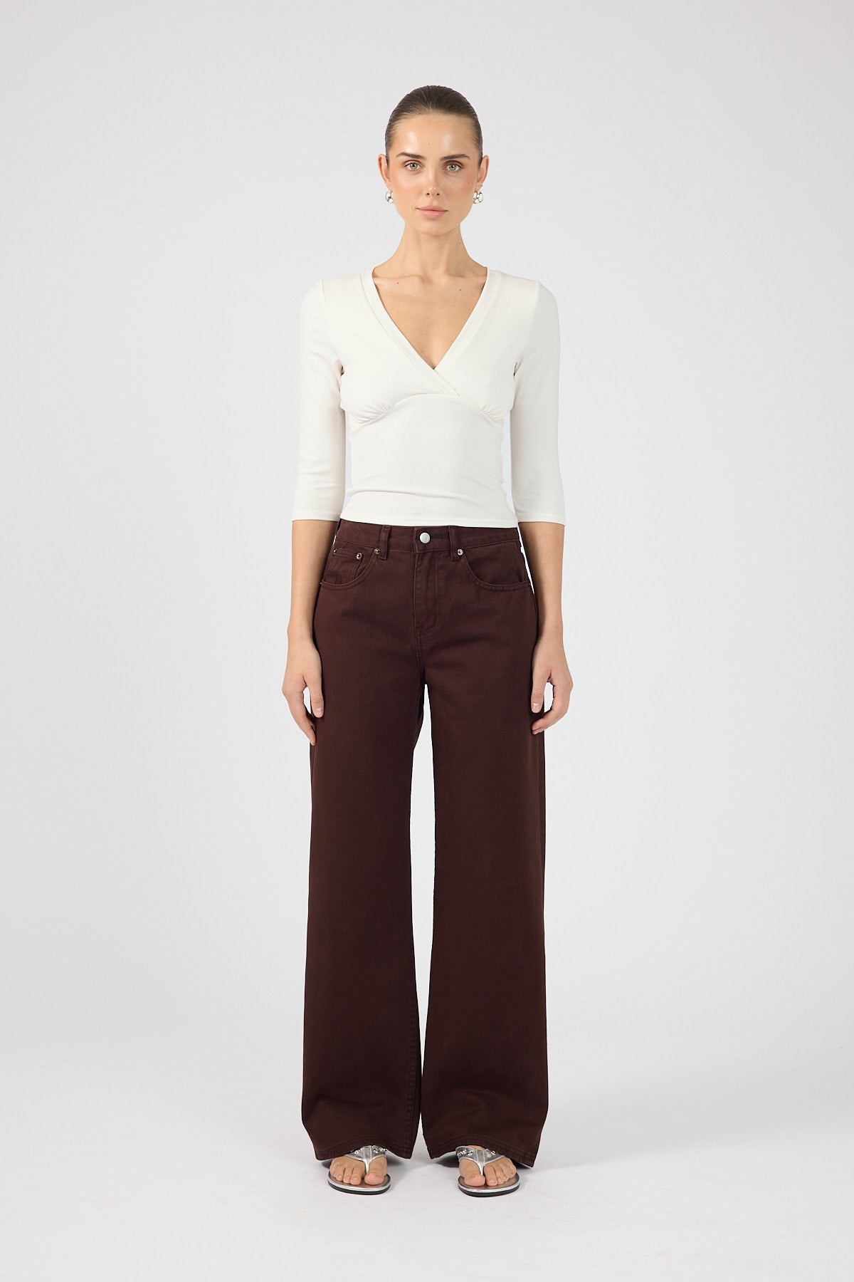 Perfect Stranger Mara V-Neck 3/4 Sleeve T-Shirt Off White