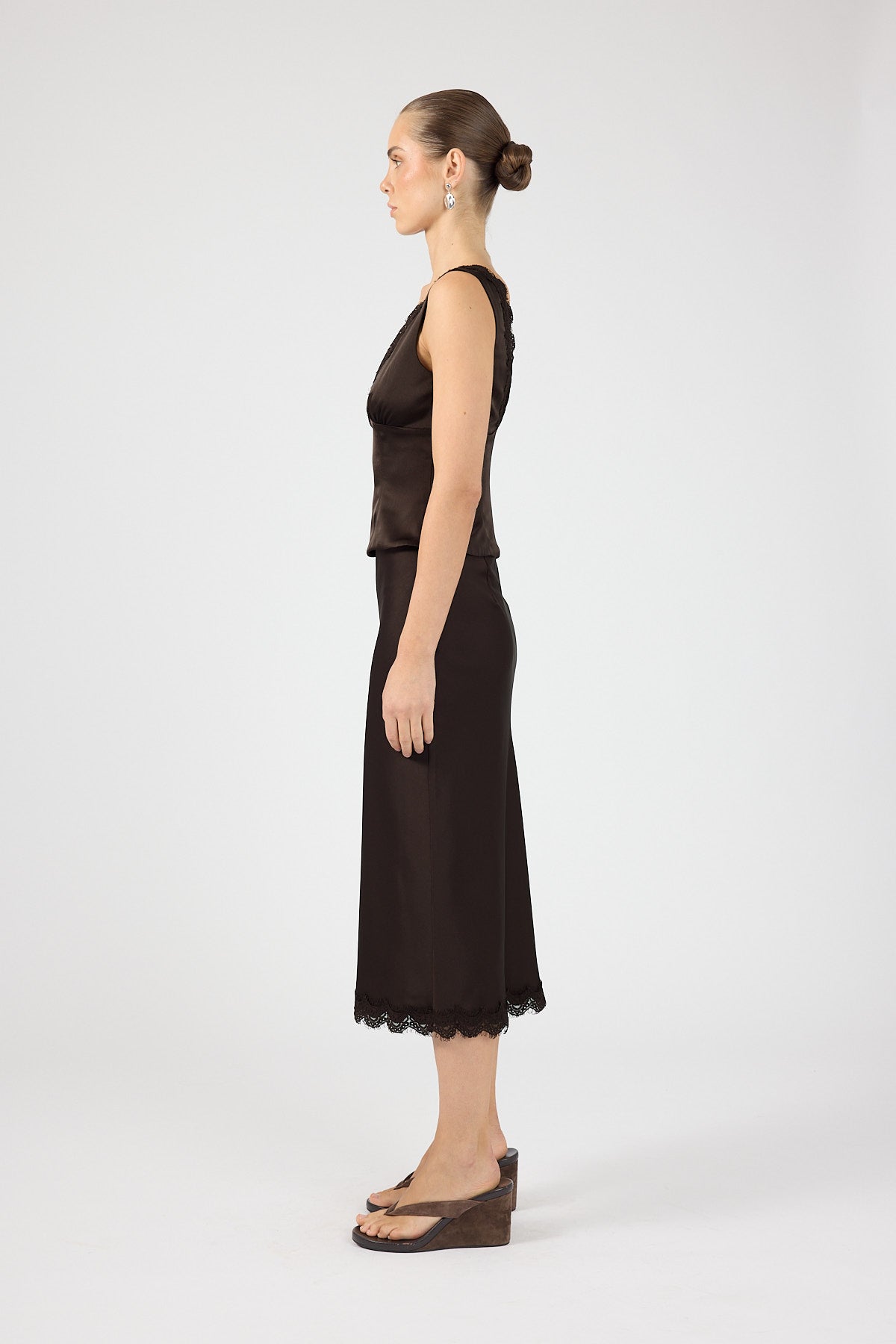 Perfect Stranger Evoke Satin Lace Top Brown