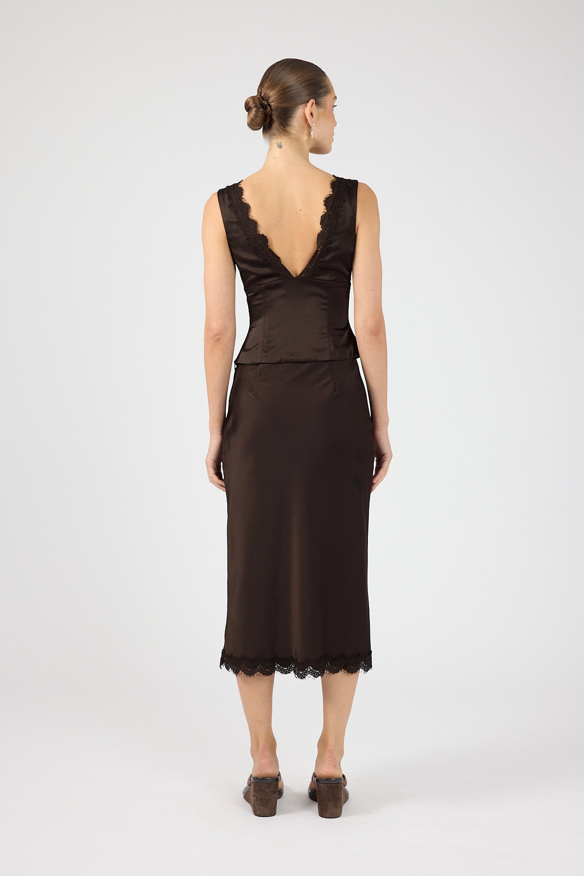 Perfect Stranger Evoke Satin Lace Top Brown