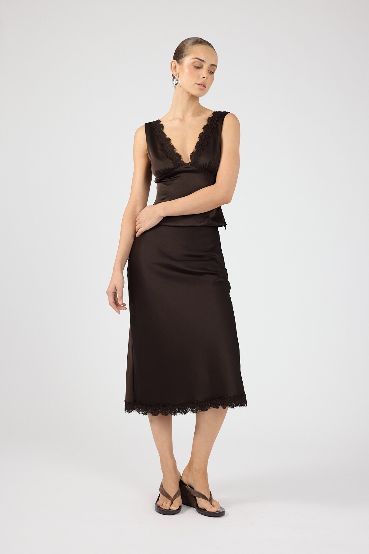 Perfect Stranger Evoke Satin Lace Top Brown