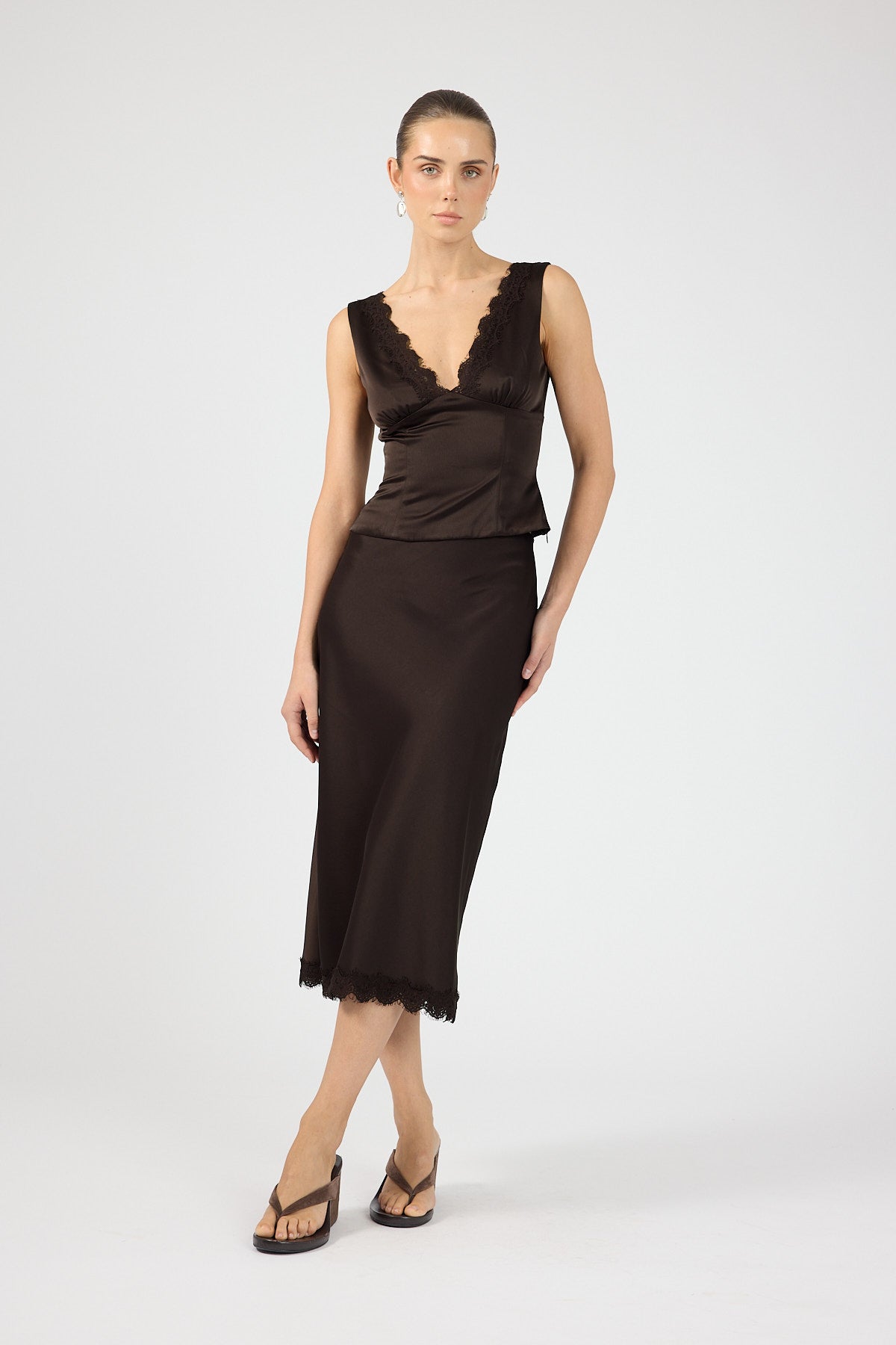 Perfect Stranger Evoke Satin Lace Midi Skirt Brown