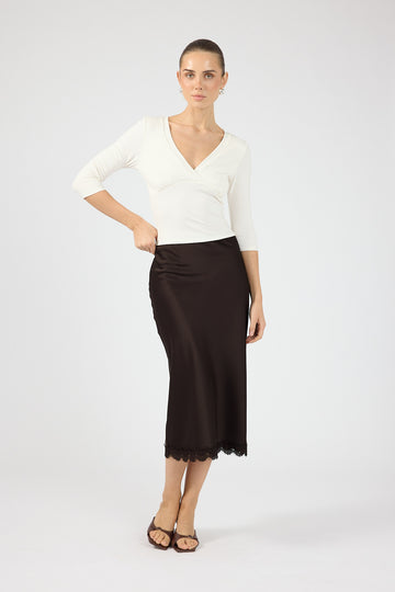 Perfect Stranger Evoke Satin Lace Midi Skirt Brown