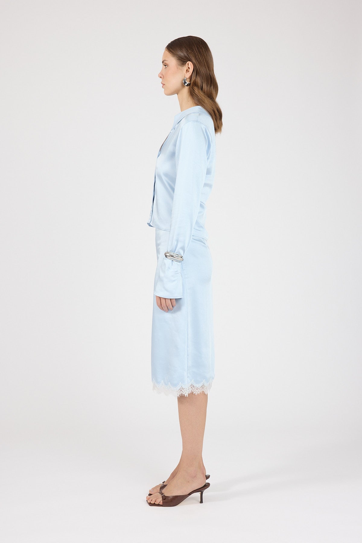 Perfect Stranger Matilda Satin Lace Midi Skirt Blue/White