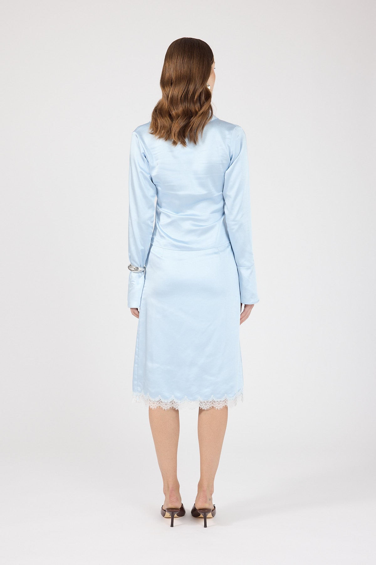 Perfect Stranger Matilda Satin Lace Midi Skirt Blue/White