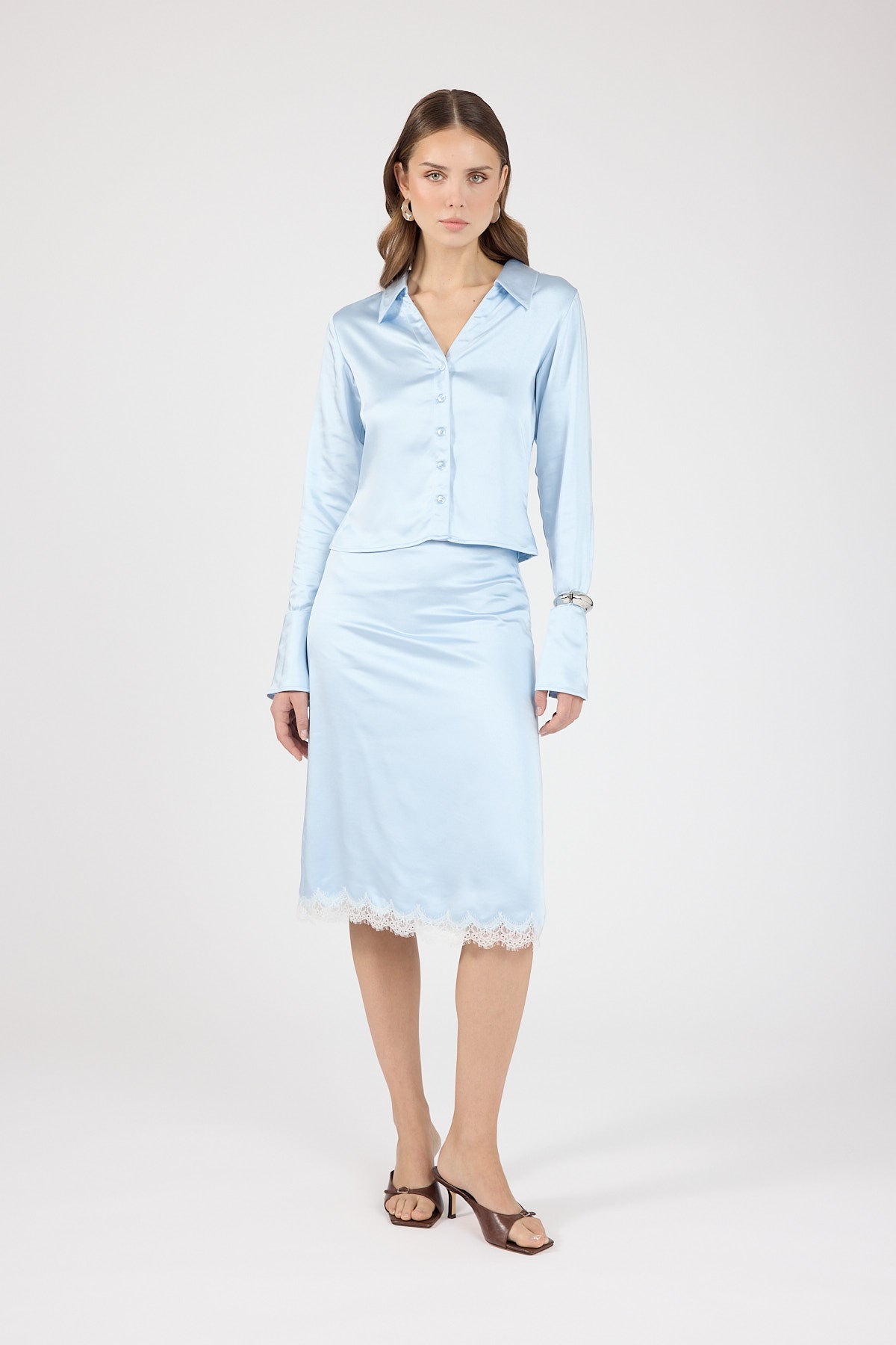 Perfect Stranger Matilda Satin Lace Midi Skirt Blue/White