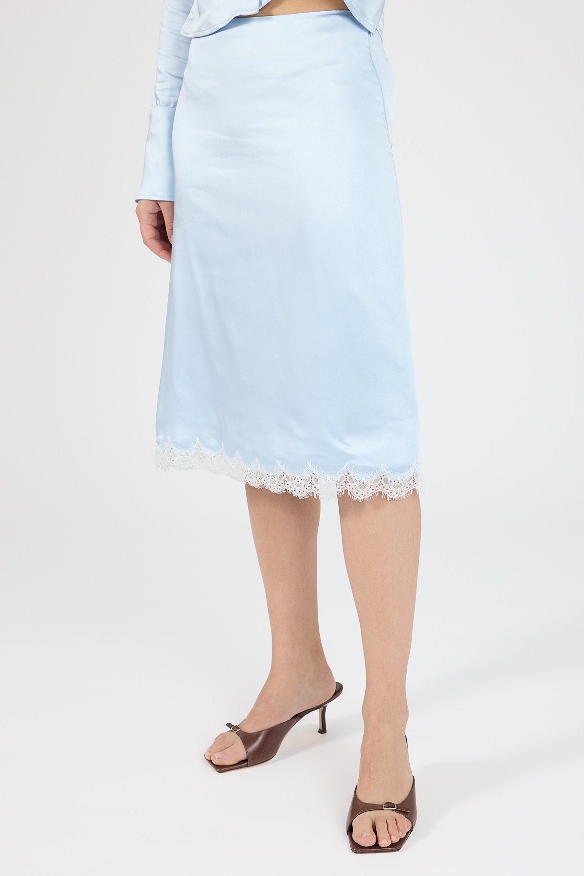 Perfect Stranger Matilda Satin Lace Midi Skirt Blue/White