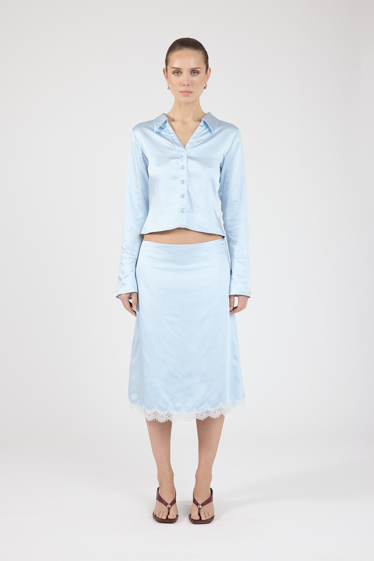 Perfect Stranger Matilda Satin Lace Midi Skirt Blue/White