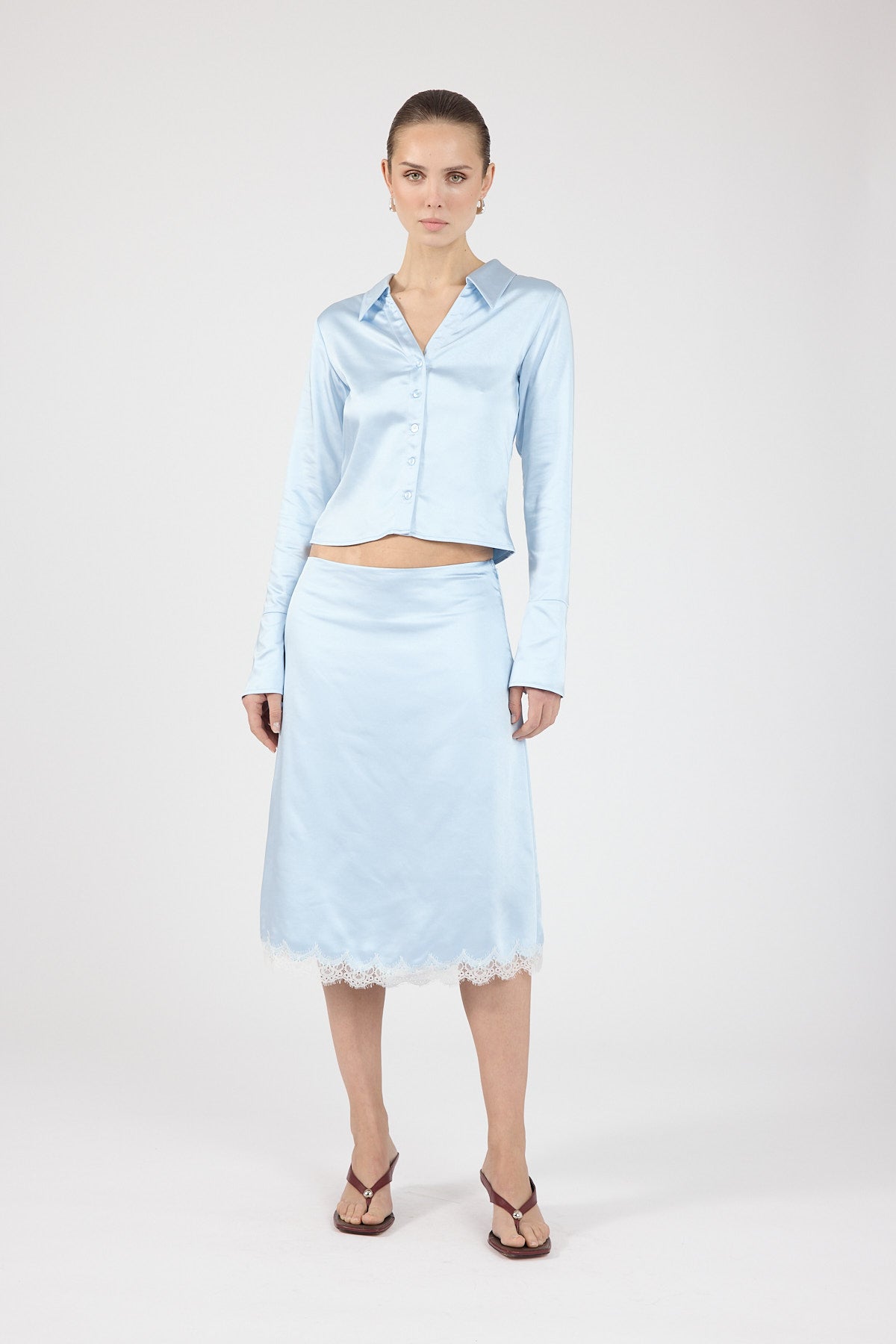 Perfect Stranger Matilda Satin Lace Midi Skirt Blue/White