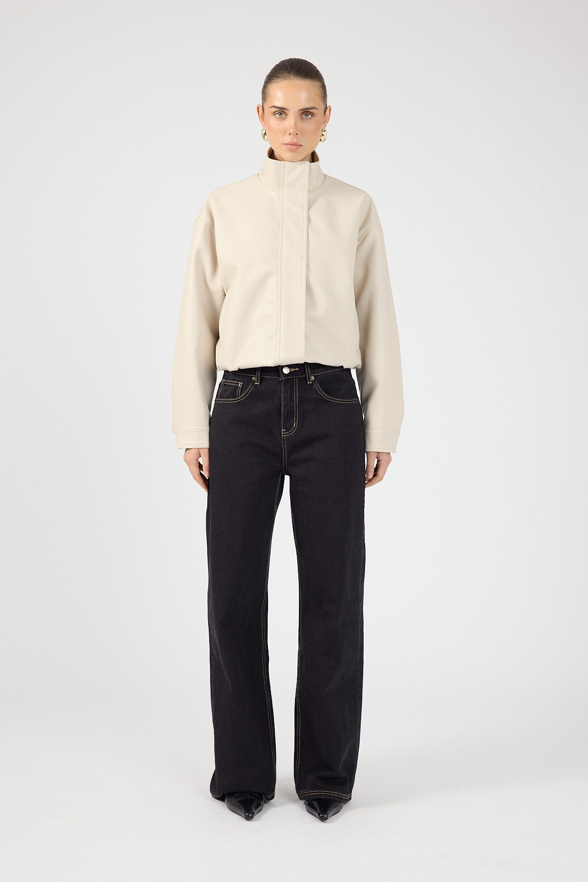 Perfect Stranger Leo Funnel Neck PU Bomber Jacket Stone