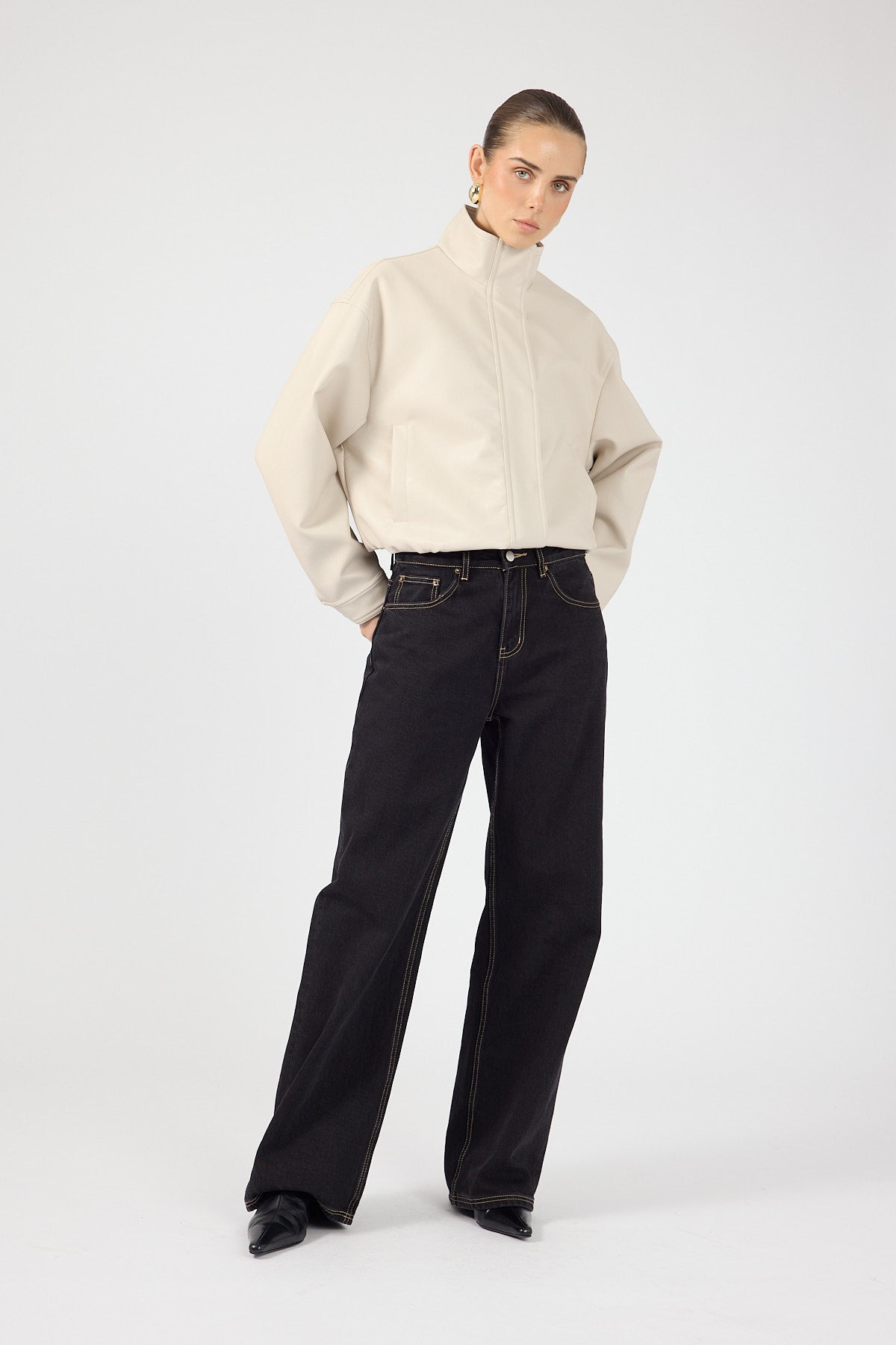 Perfect Stranger Leo Funnel Neck PU Bomber Jacket Stone