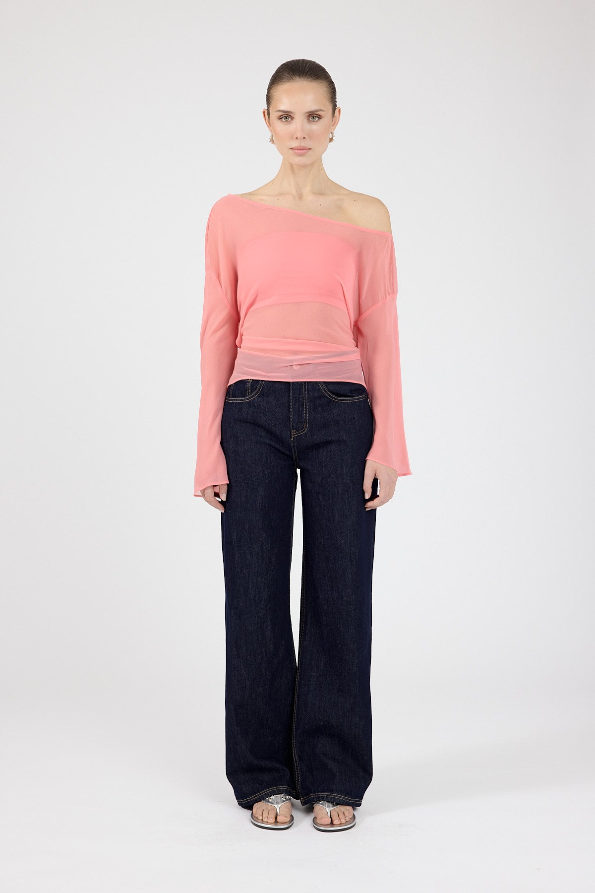 Perfect Stranger Cannes Sheer Long Sleeve Top Coral