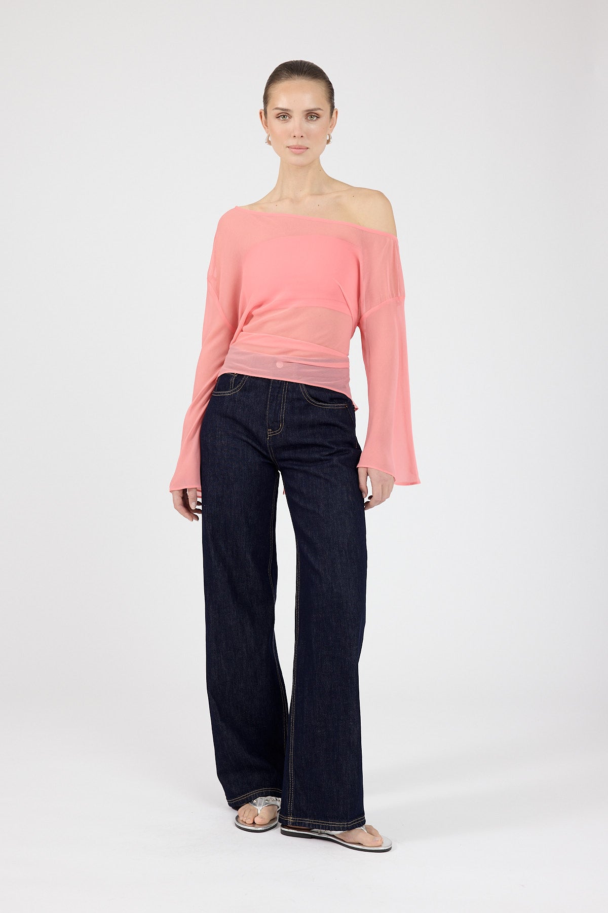 Perfect Stranger Cannes Sheer Long Sleeve Top Coral