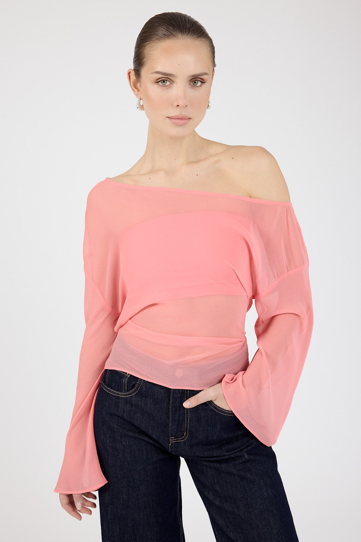 Perfect Stranger Cannes Sheer Long Sleeve Top Coral