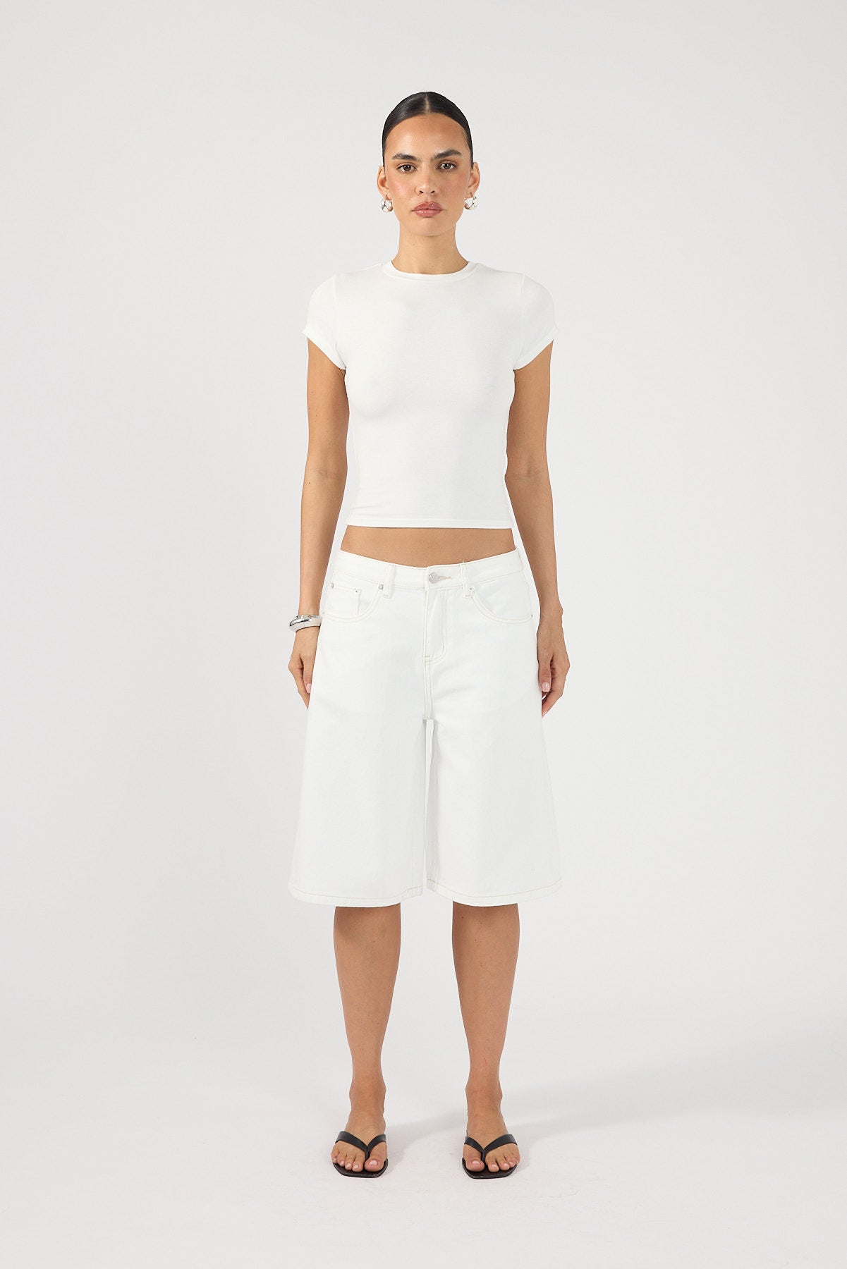 Perfect Stranger Mid Rise Denim Longline Short Off White