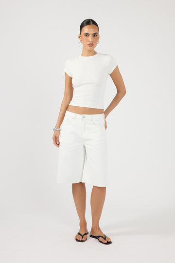 Perfect Stranger Mid Rise Denim Longline Short Off White